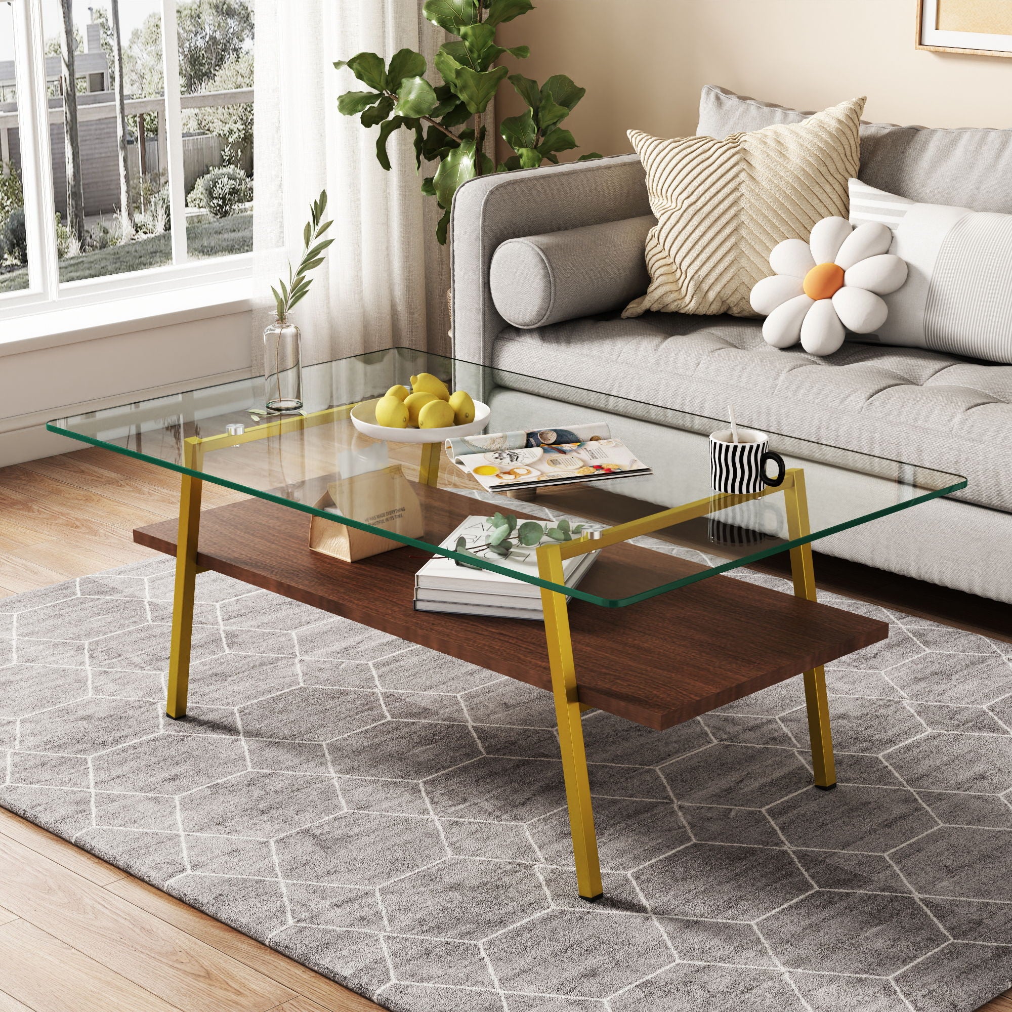 Rectangle Coffee Table, Tempered Glass Tabletop With Metal Legs, Modern Table For Living Room - Image 15