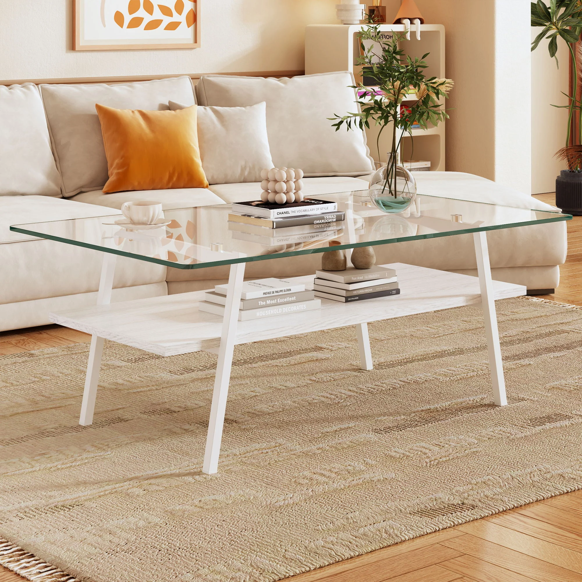 Rectangle Coffee Table, Tempered Glass Tabletop With Metal Legs, Modern Table For Living Room - Image 24