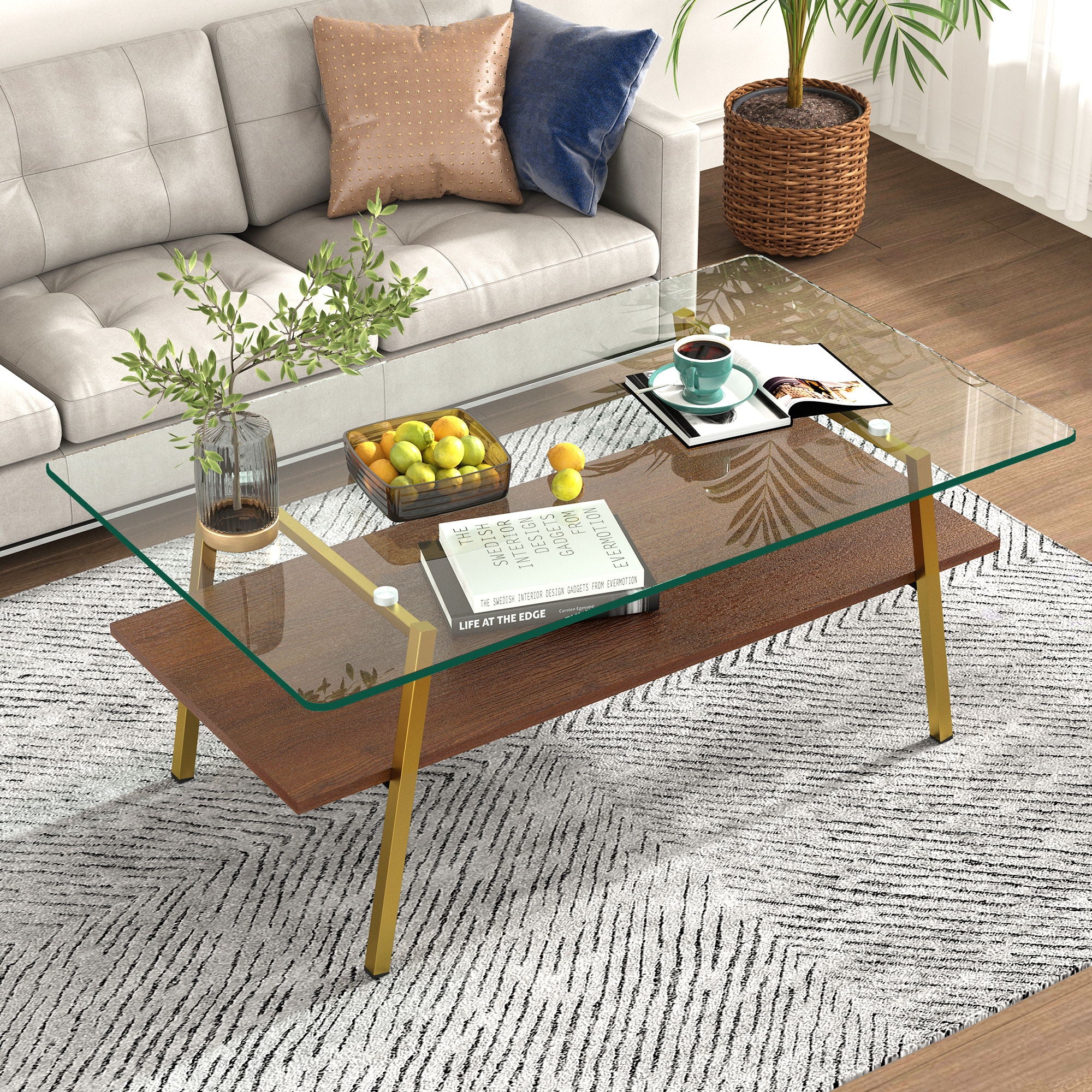 Rectangle Coffee Table, Tempered Glass Tabletop With Metal Legs, Modern Table For Living Room - Image 25