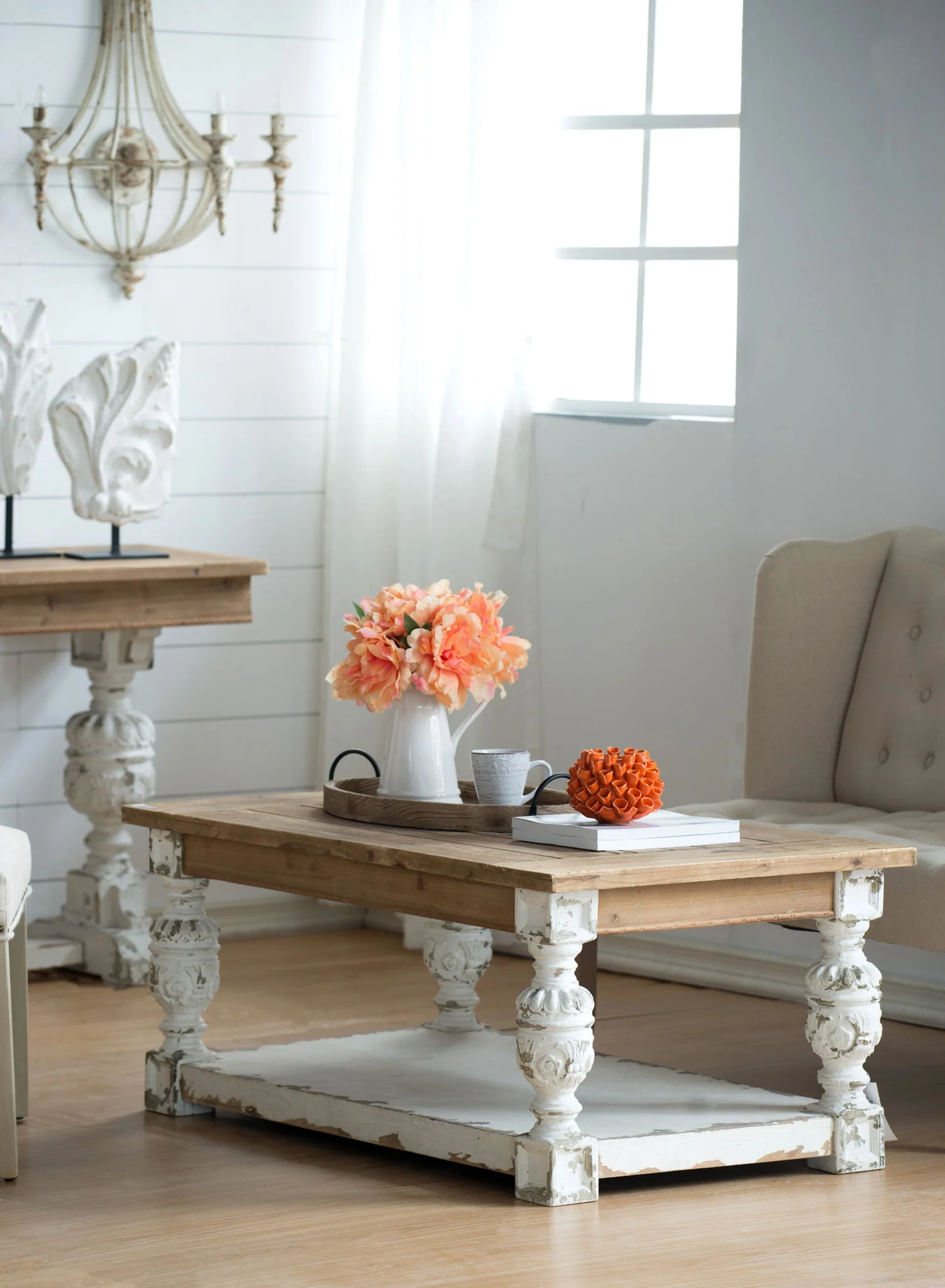 Rectangle Coffee Wooden Coffee Table, French Country Coffee Table - Brown / Antique White - Image 7