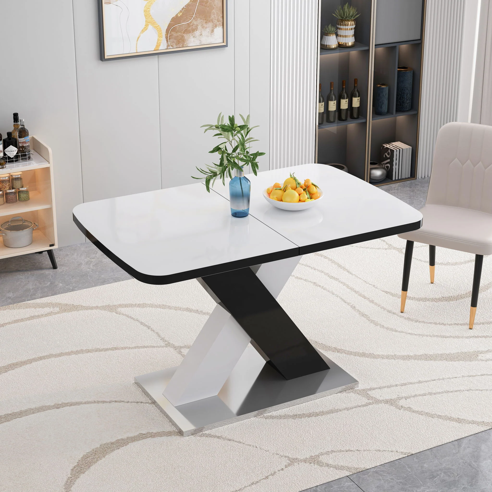 Rectangle Dining Table, Stretchable, Table Top With X Shape And Legs And Base - White / Black - Image 5