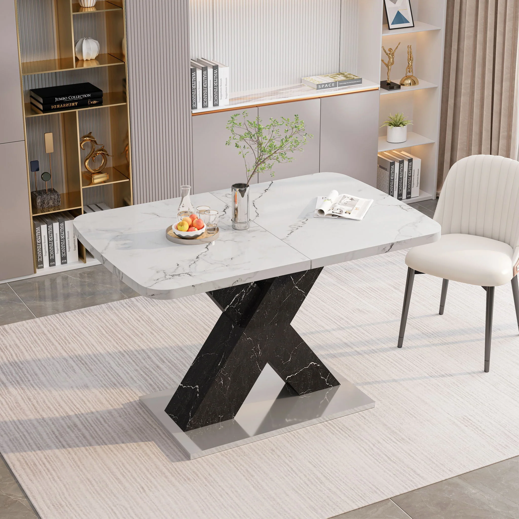 Rectangle Dining Table With Stretchable Top, X Shape Mdf Legs With Steel Base - White / Black - Image 4