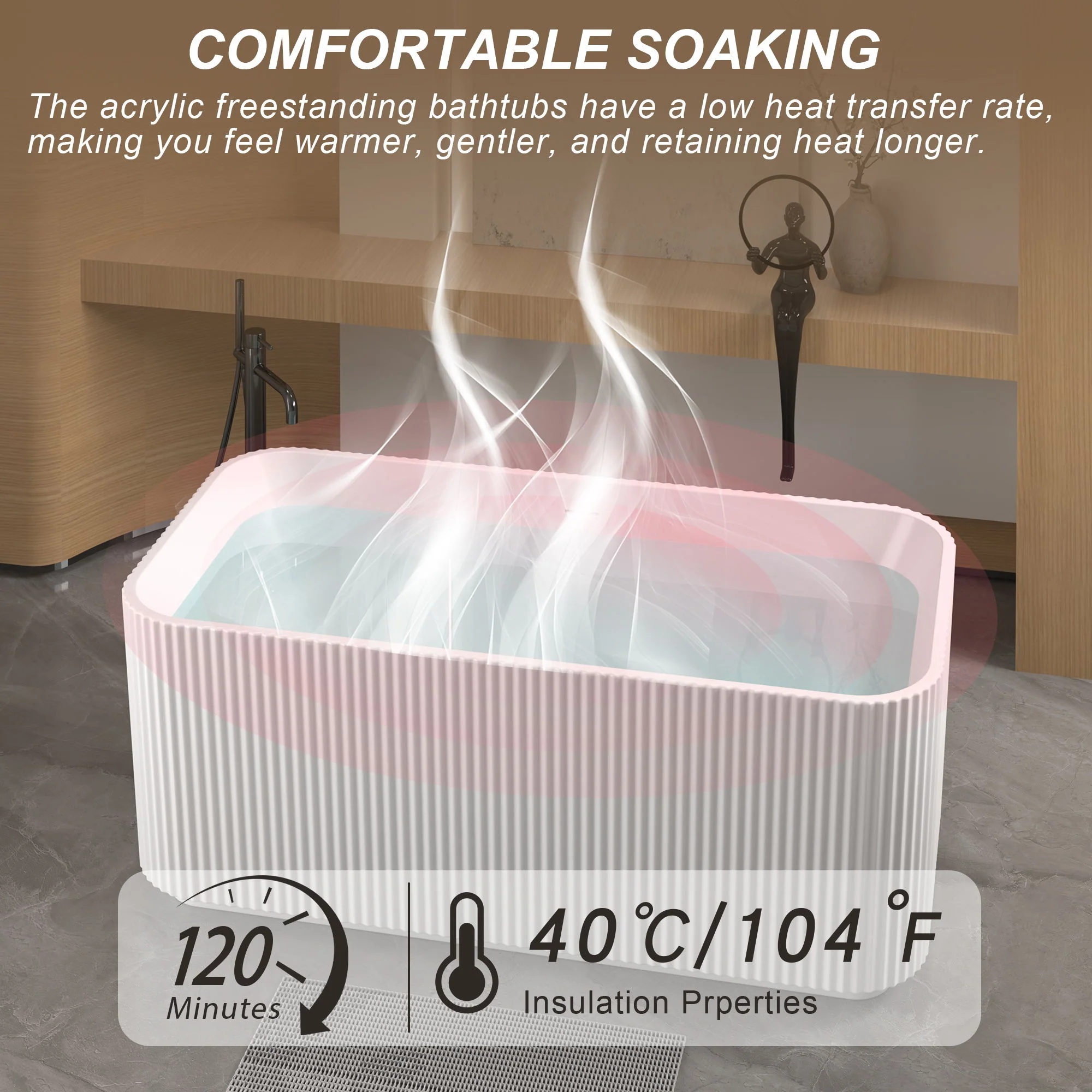 Rectangle Linear Freestanding Soaker Tub With Pop Up Drain, Double Wall Insulated Construction - Gloss White - Image 7