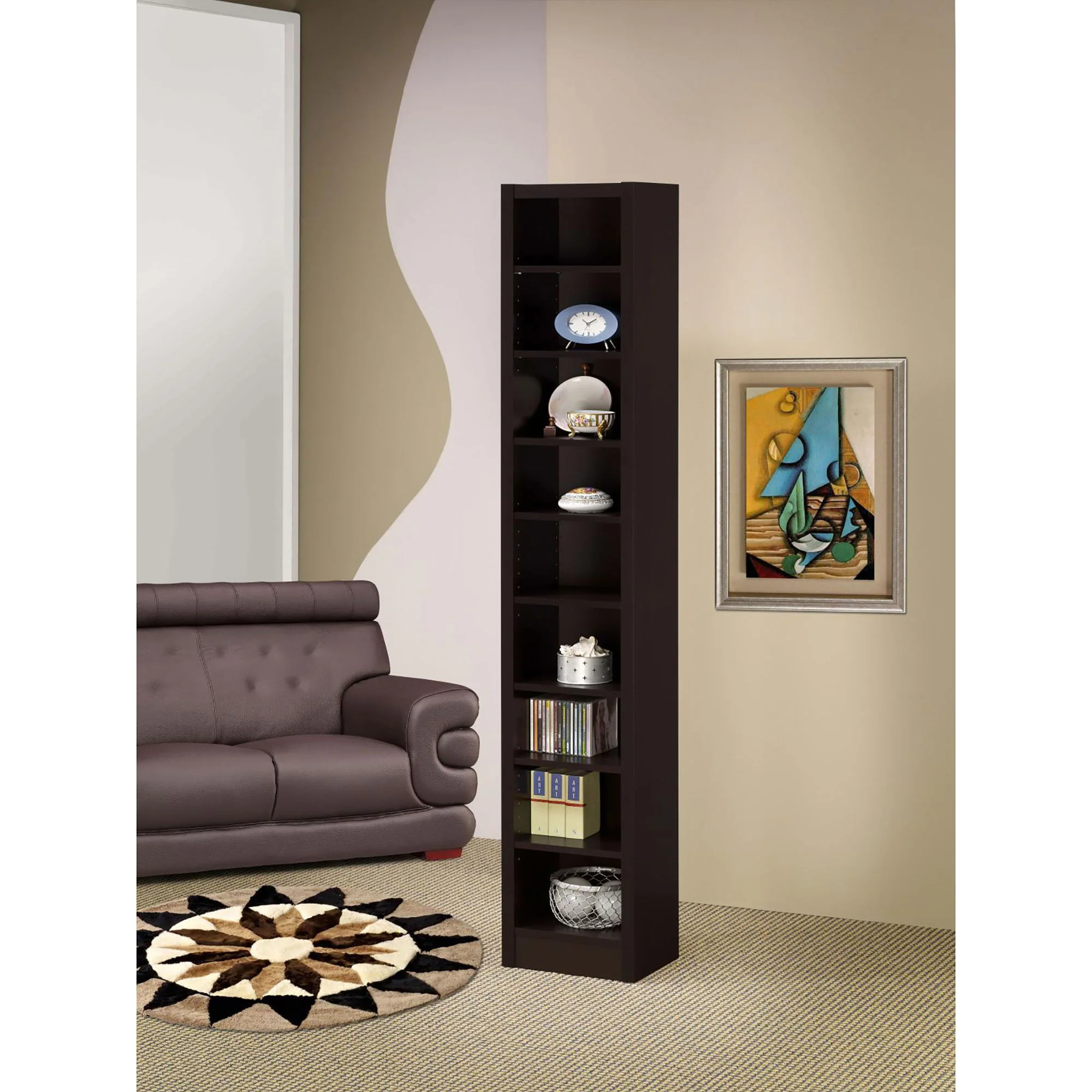 Rectangular Bookcase Tall Slim Storage With 9 Shelves - Brown - Image 3