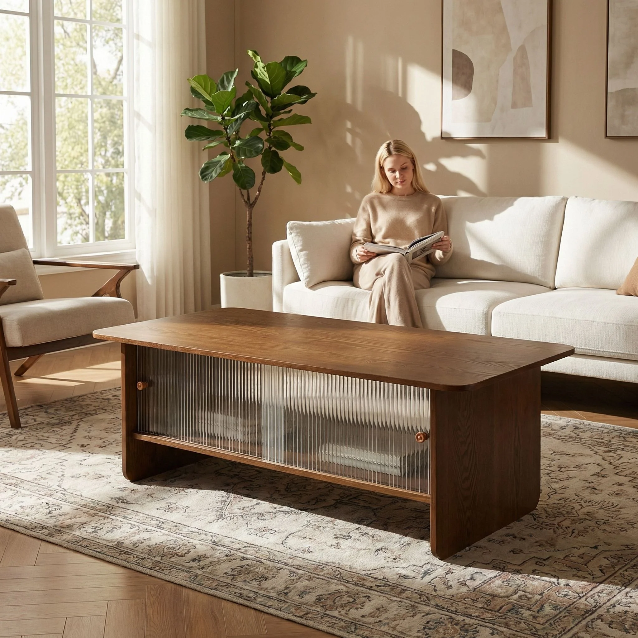 Rectangular Coffee Table With Sliding Door Storage Center - Image 17