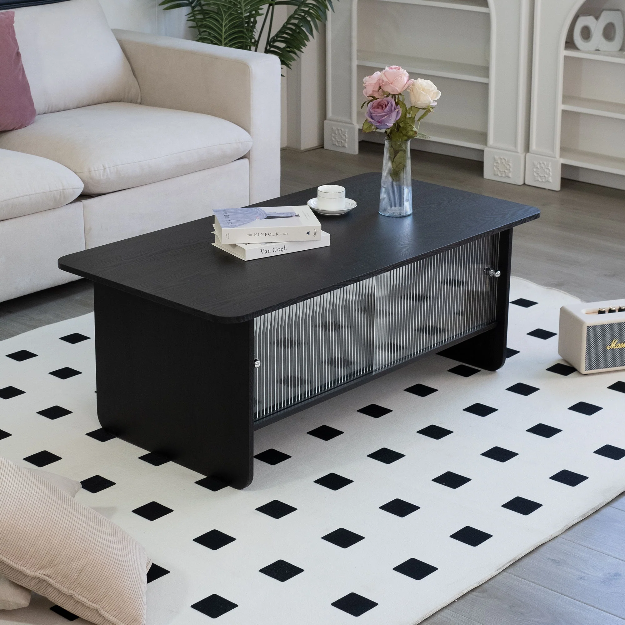 Rectangular Coffee Table With Sliding Door Storage Center - Image 6