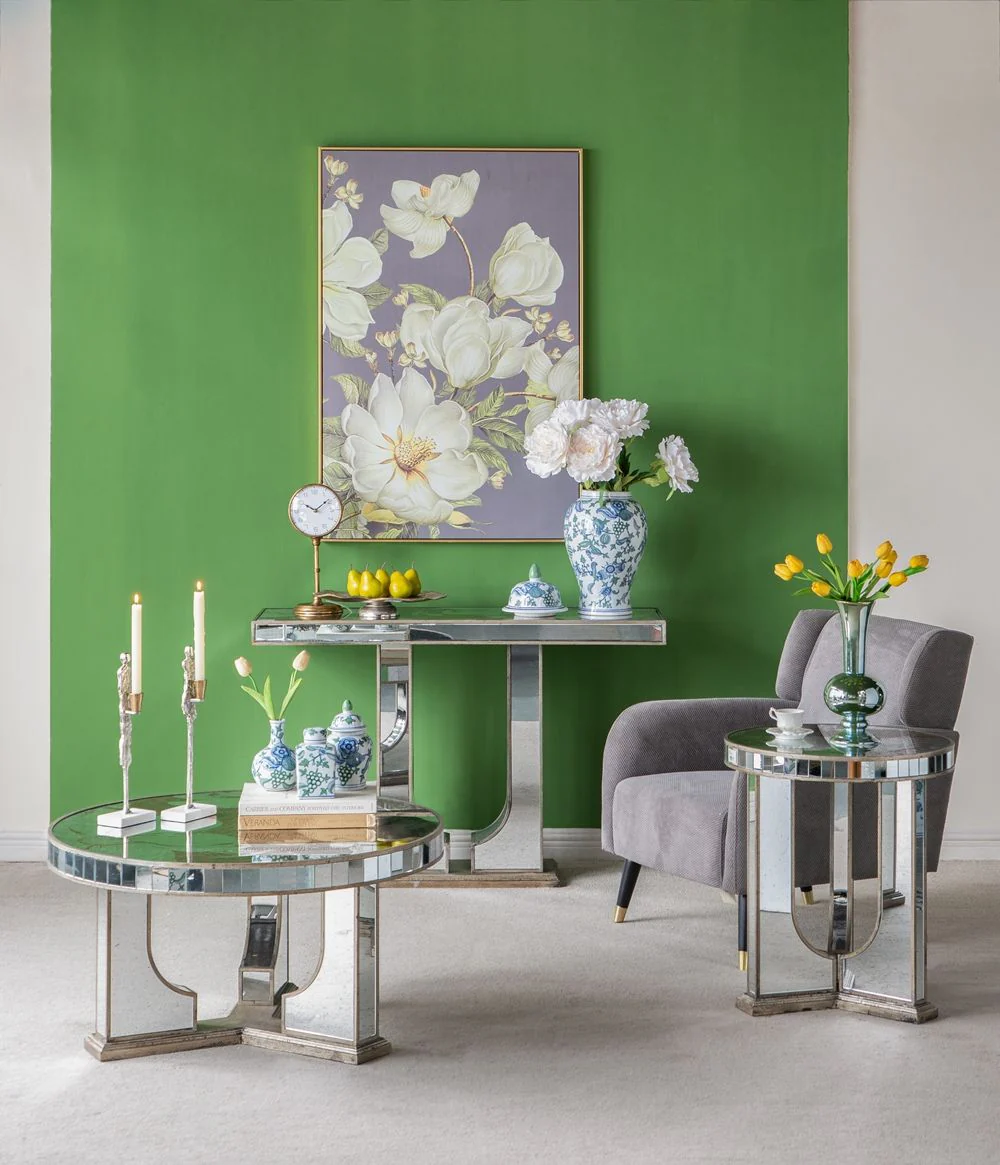 Rectangular Console Table With Elegant Floral Design And Mirrored - Silver Multi - Image 6