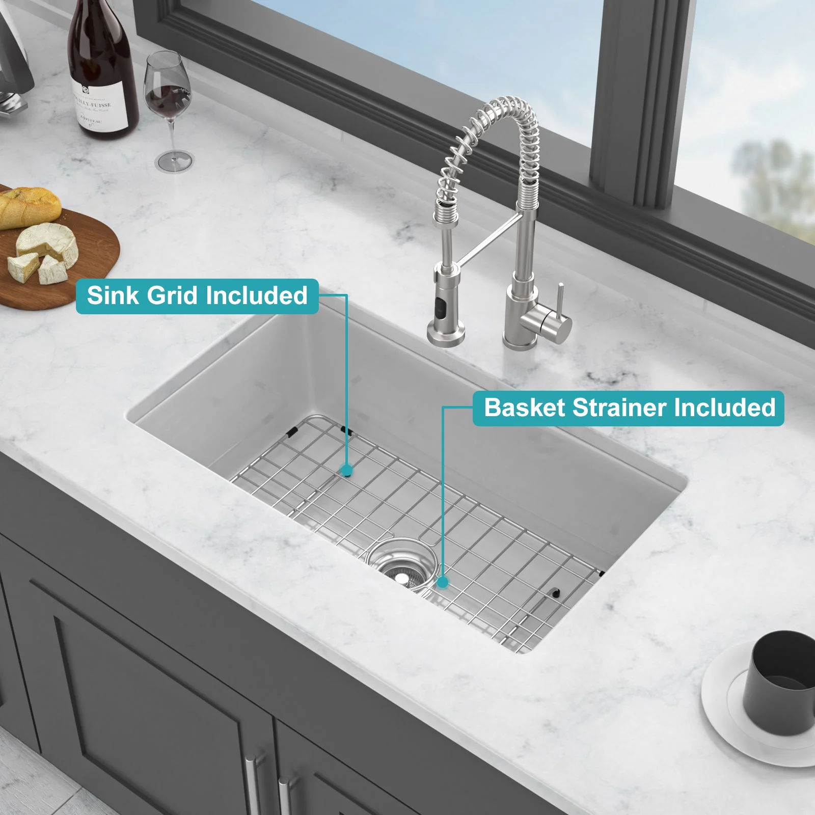 Rectangular Single Bowl Kitchen Sink With Dual Mount Installation - White - Image 6