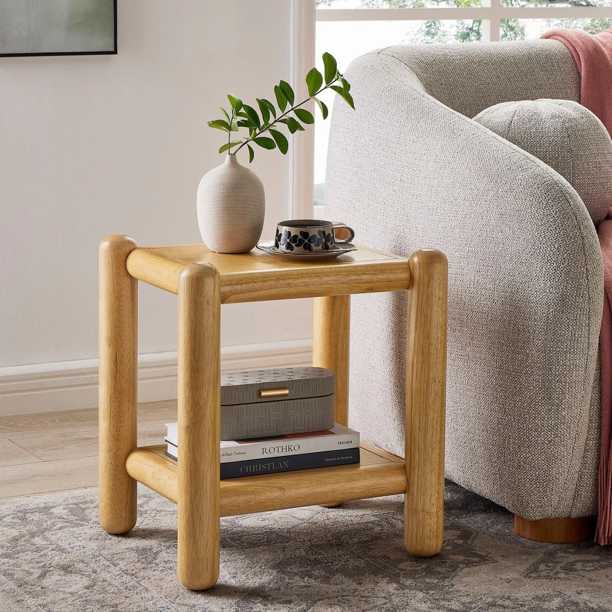 Rectangular Wood Side Table 2 Tier Shelf – Oak 19 Inch - Image 6