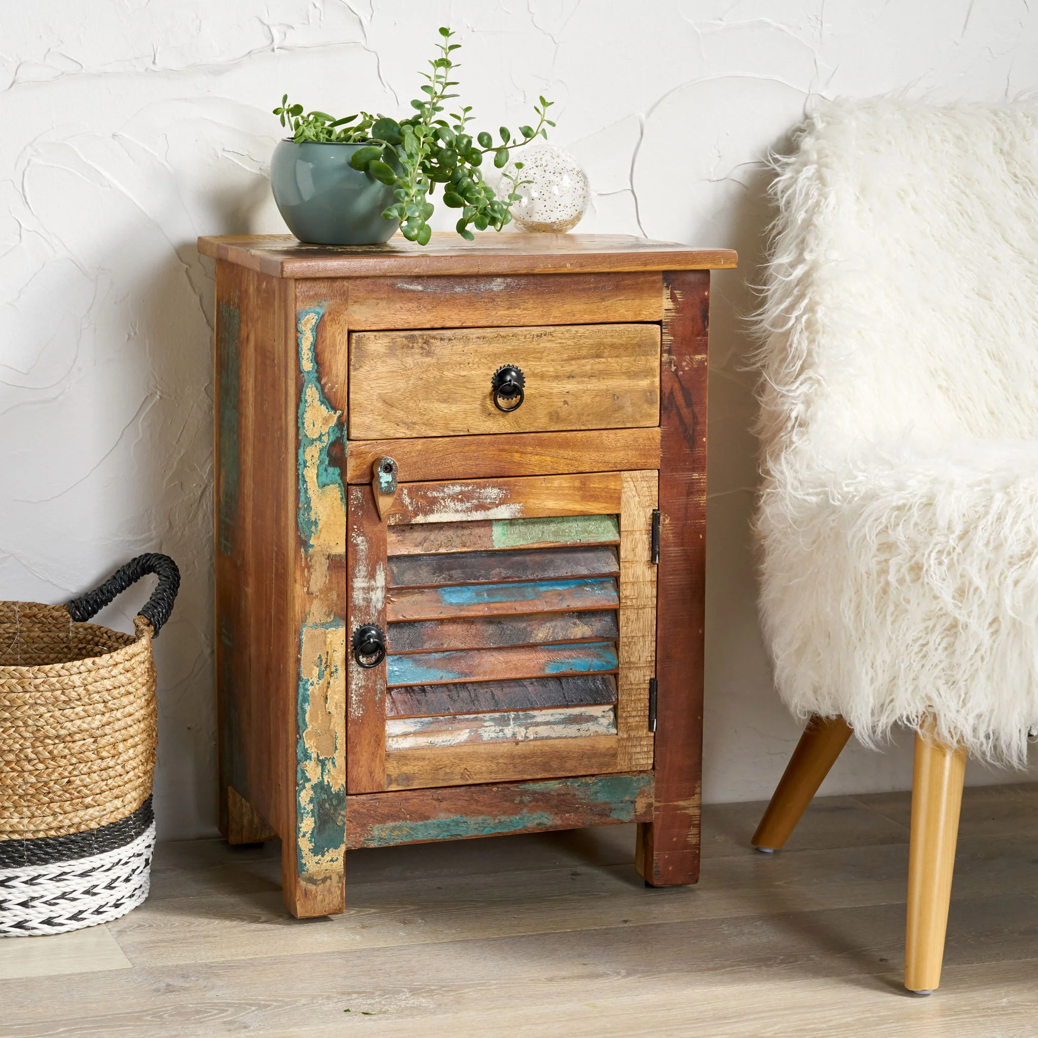 Recycled Wood Side Table With Drawer And Door - Natural - Image 2