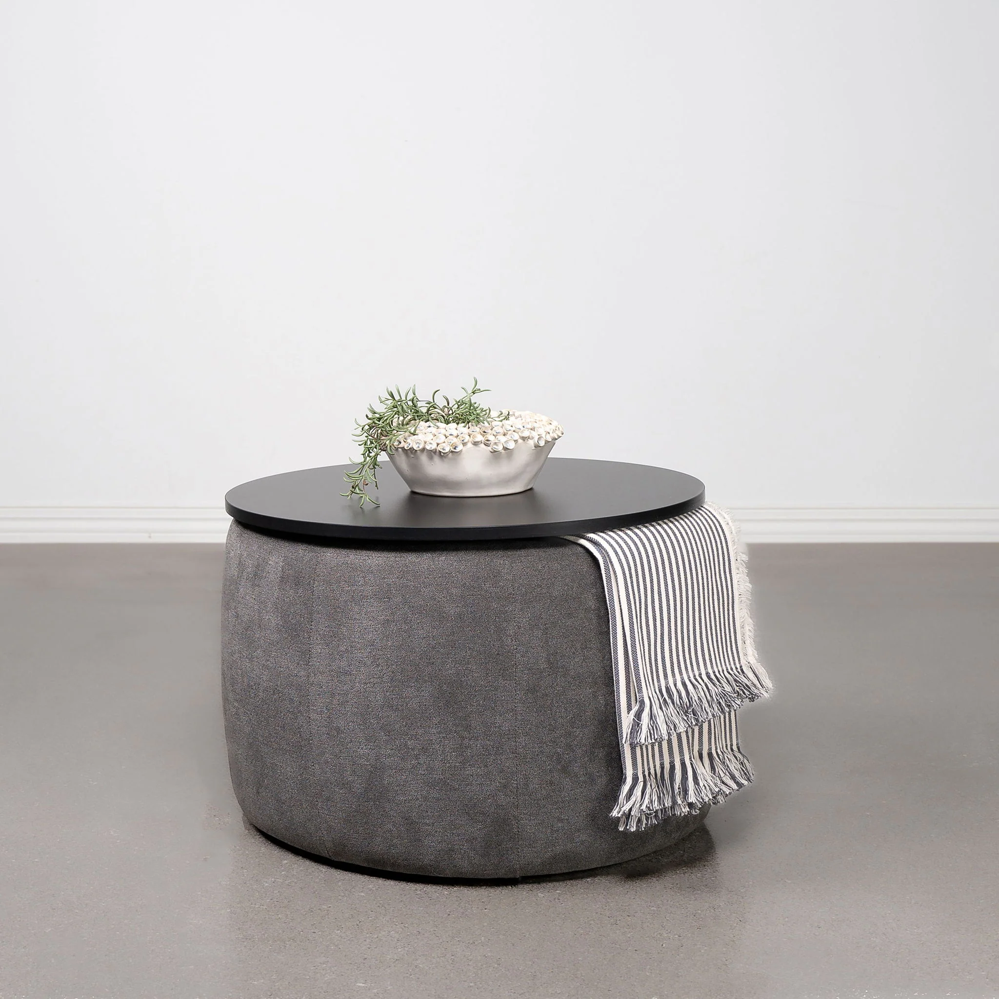 Reeves - Round Upholstered Lift Top Storage Ottoman - Gray - Image 8