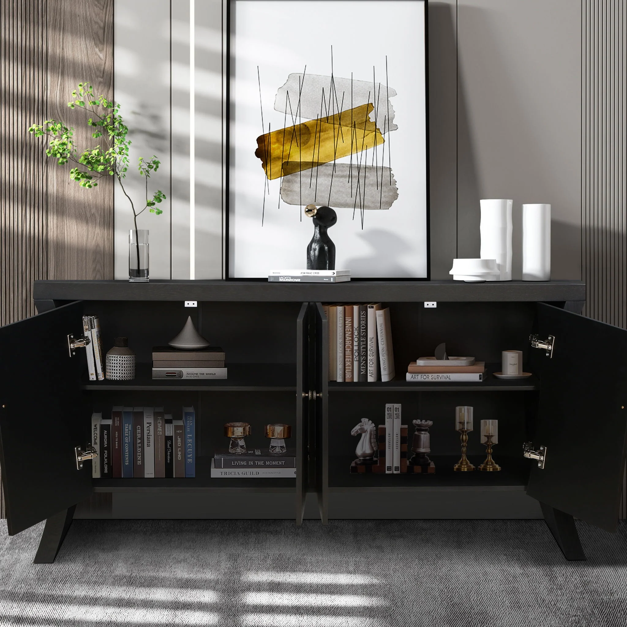 Refined Industrial 4 Door Credenza With Arc Legs & Clasps - Image 9
