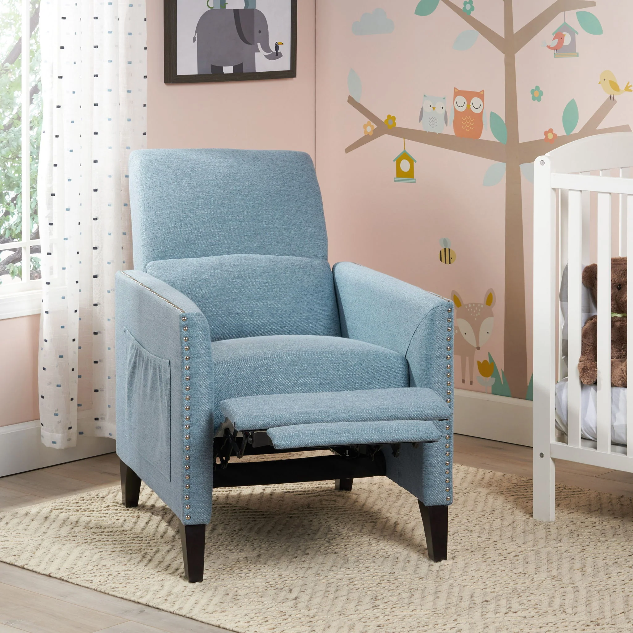 Repose Upholstered Recliner Chair With Nailhead Trim And Side Pocket - Light Blue - Image 6