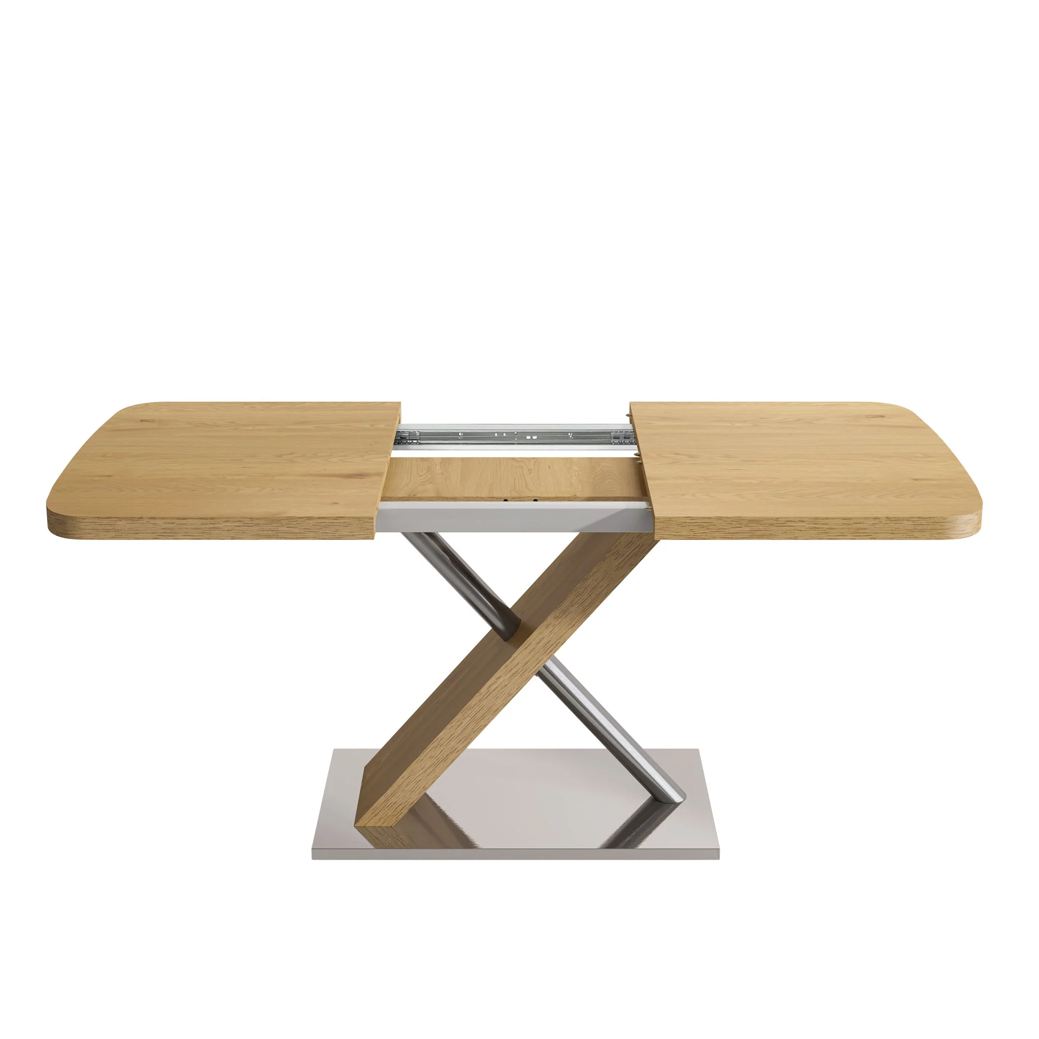 Retractable Square Dining Table, Seating 4 - 6 People, Cross Base With Stainless Steel Tubing, Expandable - Natural - Image 6