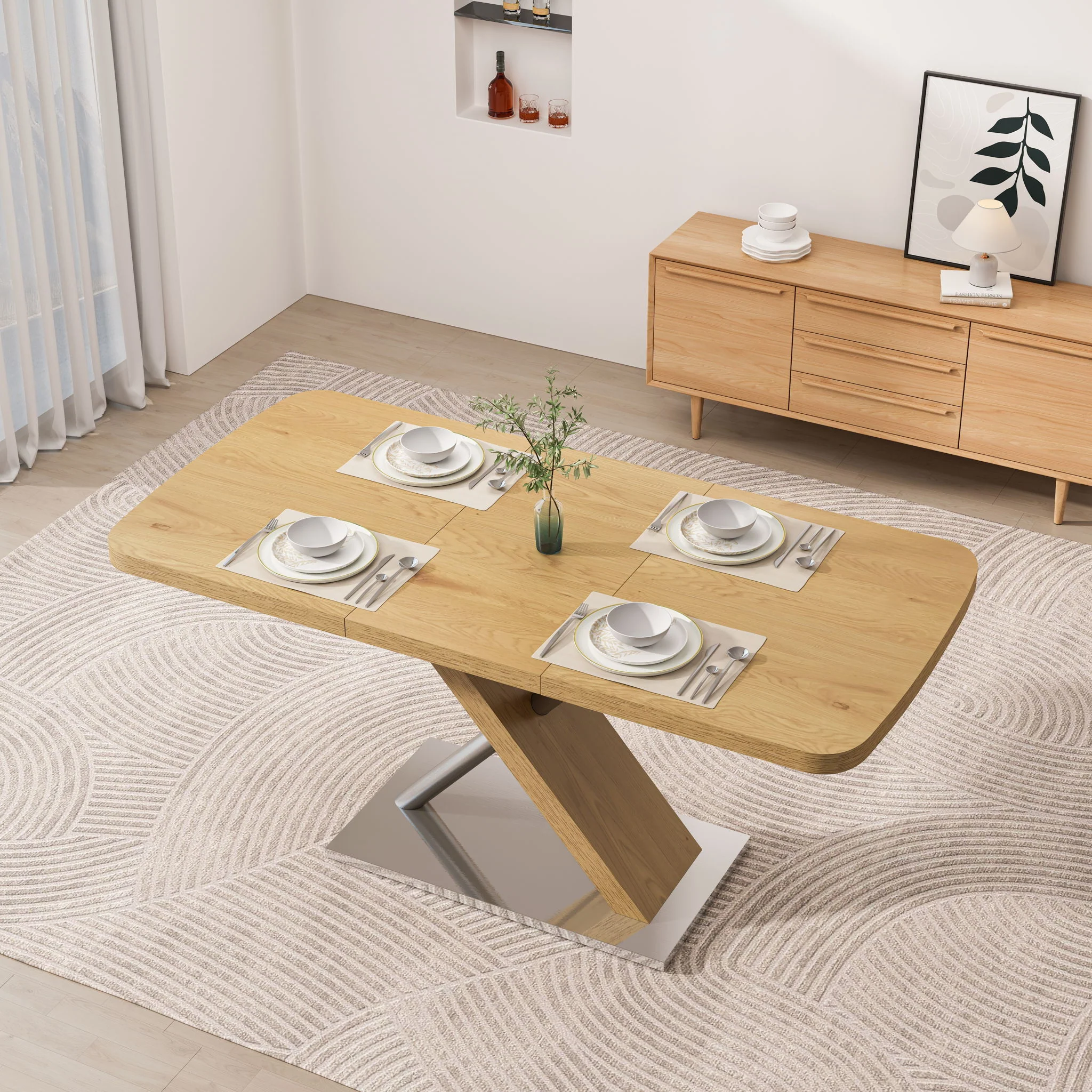 Retractable Square Dining Table, Seating 4 - 6 People, Cross Base With Stainless Steel Tubing, Expandable - Natural - Image 8
