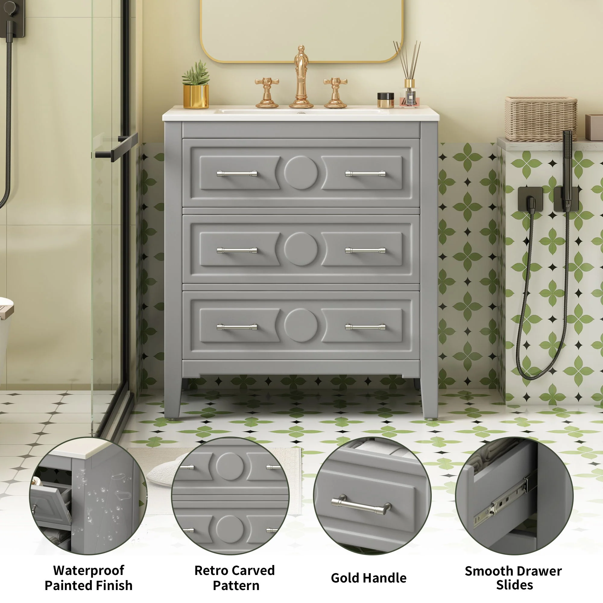 Retro Bathroom Vanity With Sink Combo, Free Standing Single Set With 3 Drawers - Image 10