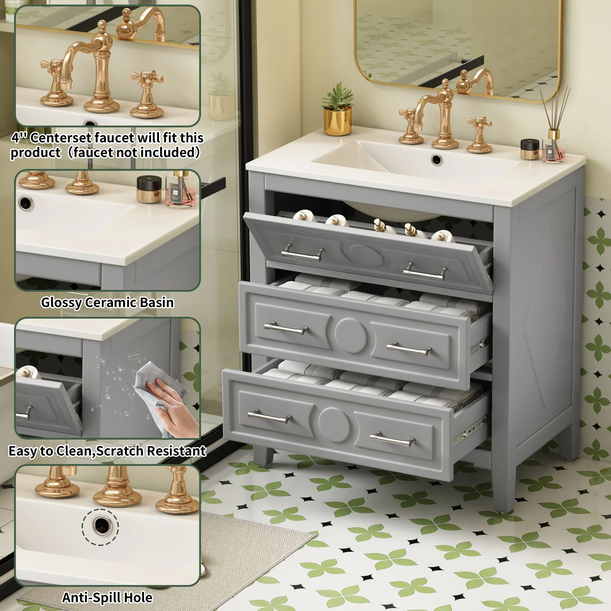 Retro Bathroom Vanity With Sink Combo, Free Standing Single Set With 3 Drawers - Image 31