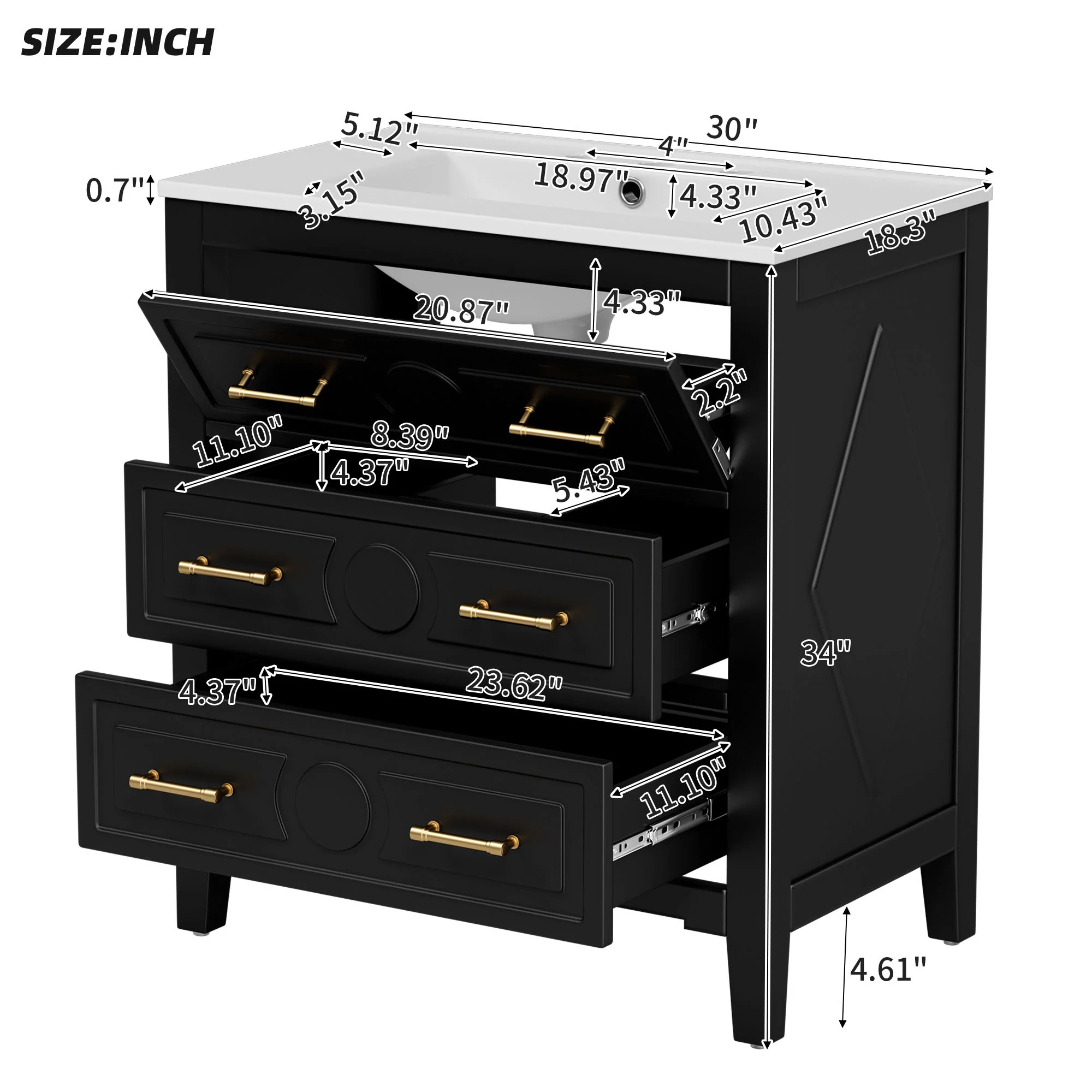 Retro Bathroom Vanity With Sink Combo, Free Standing Single Set With 3 Drawers - Image 5