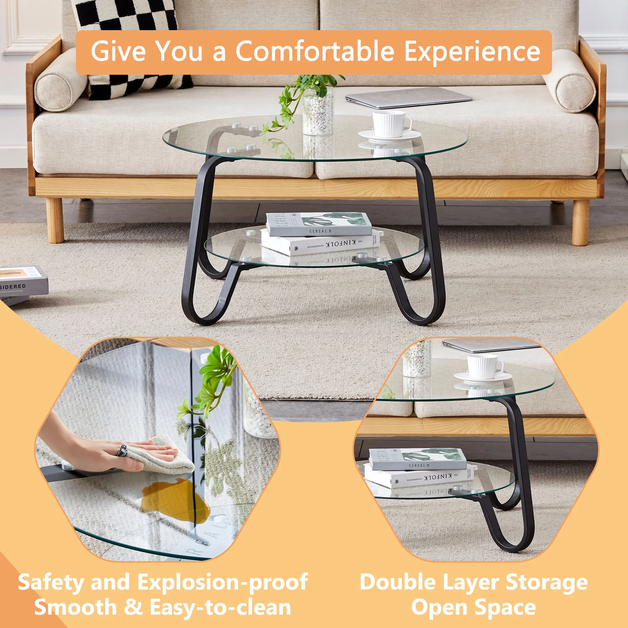 Retro Minimalist Style Metal Frame Double Layer Tempered Glass Coffee Table - Image 4