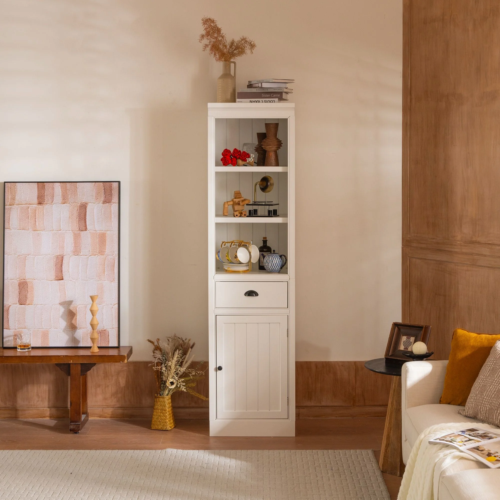 Retro Style 75'' Tall Display Shelf With Cabinet For Hallways Living Room Kitchen - White - Image 4