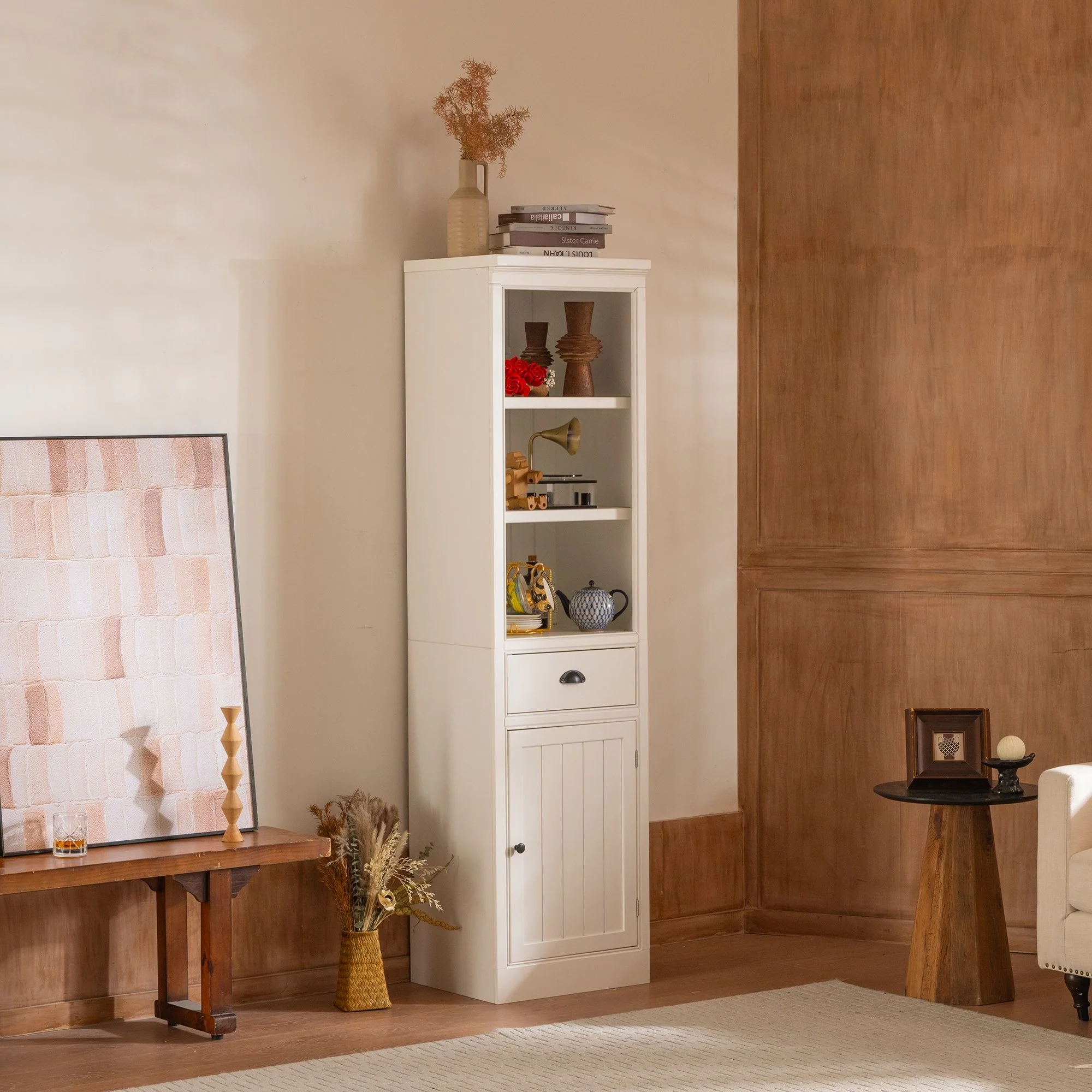 Retro Style 75'' Tall Display Shelf With Cabinet For Hallways Living Room Kitchen - White - Image 7