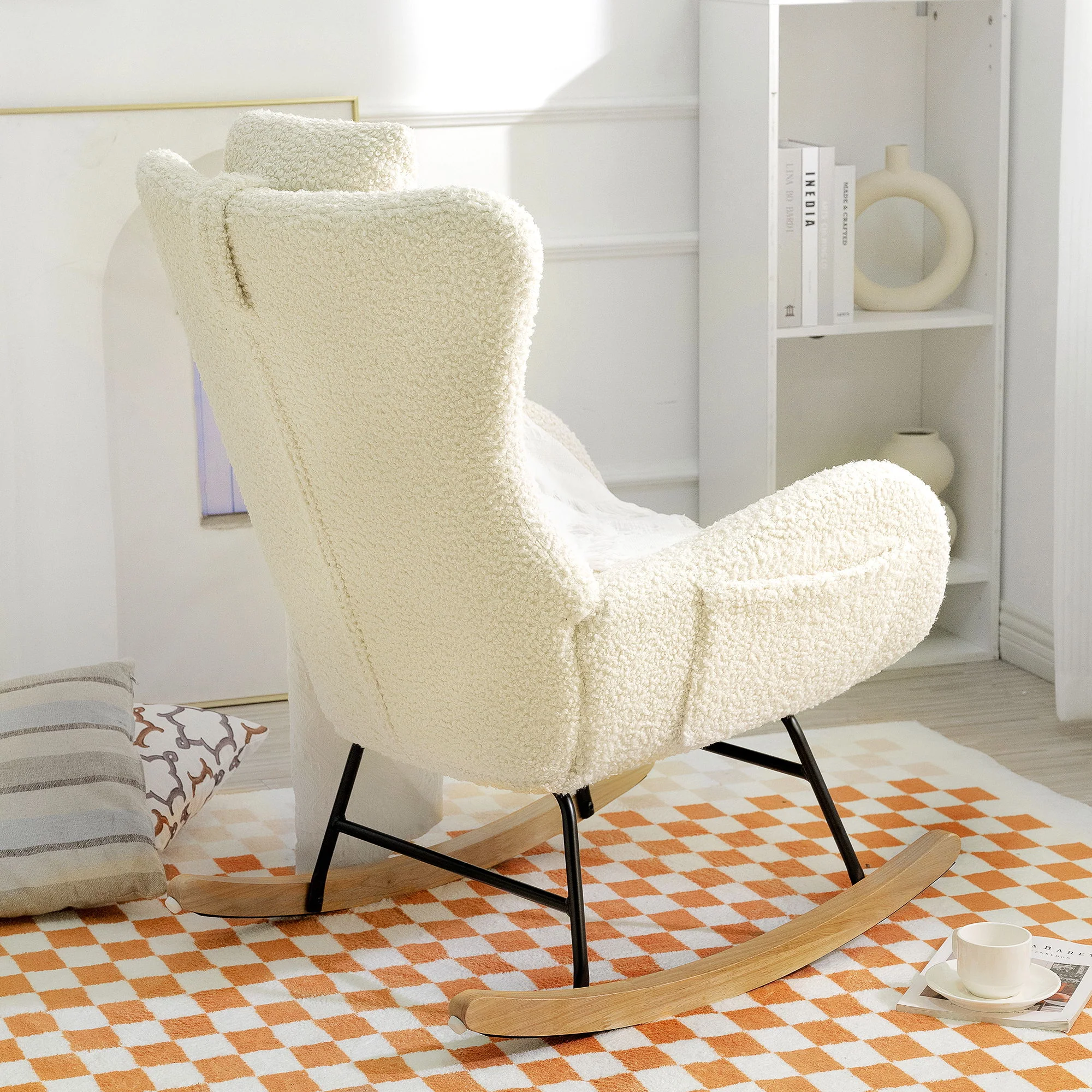 Rocking Chair Nursery, Teddy Upholstered Rocker Glider Chair With High Backrest, Adjustable Headrest & Pocket, Comfy Glider Chair For Nursery, Bedroom, Living Room, Offices, Rubber Wood - Image 8