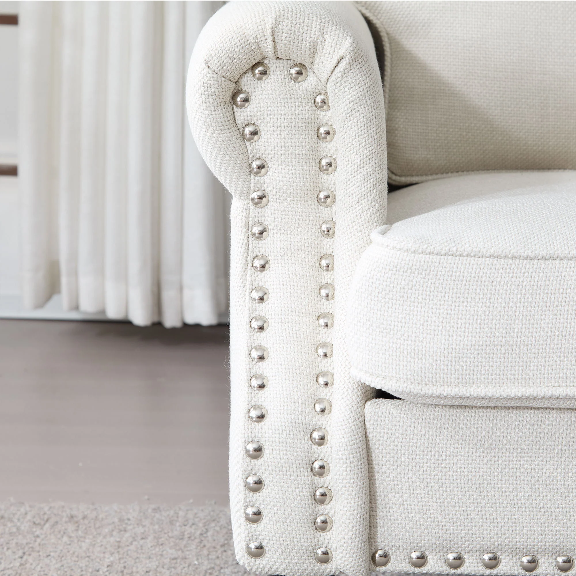 Rolled Arm Sofa With Nailhead Trim With Wooden Legs - Image 14