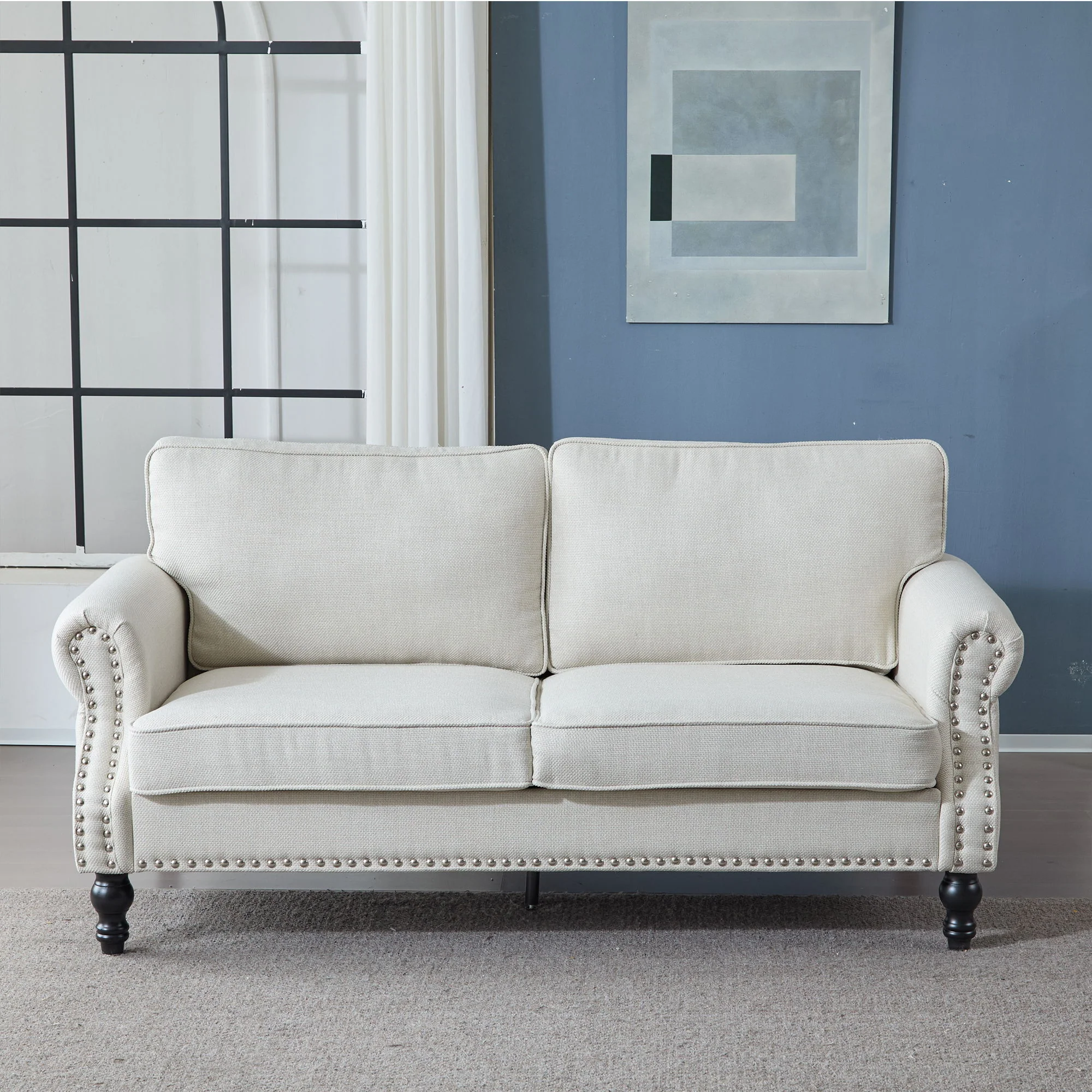 Rolled Arm Sofa With Nailhead Trim With Wooden Legs - Image 16