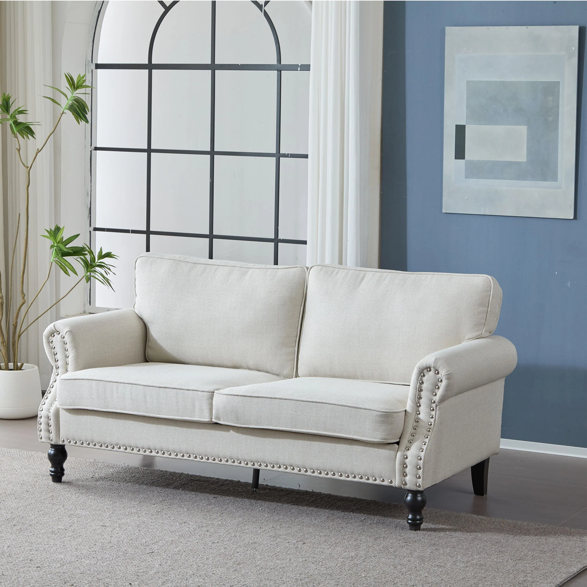Rolled Arm Sofa With Nailhead Trim With Wooden Legs - Image 5