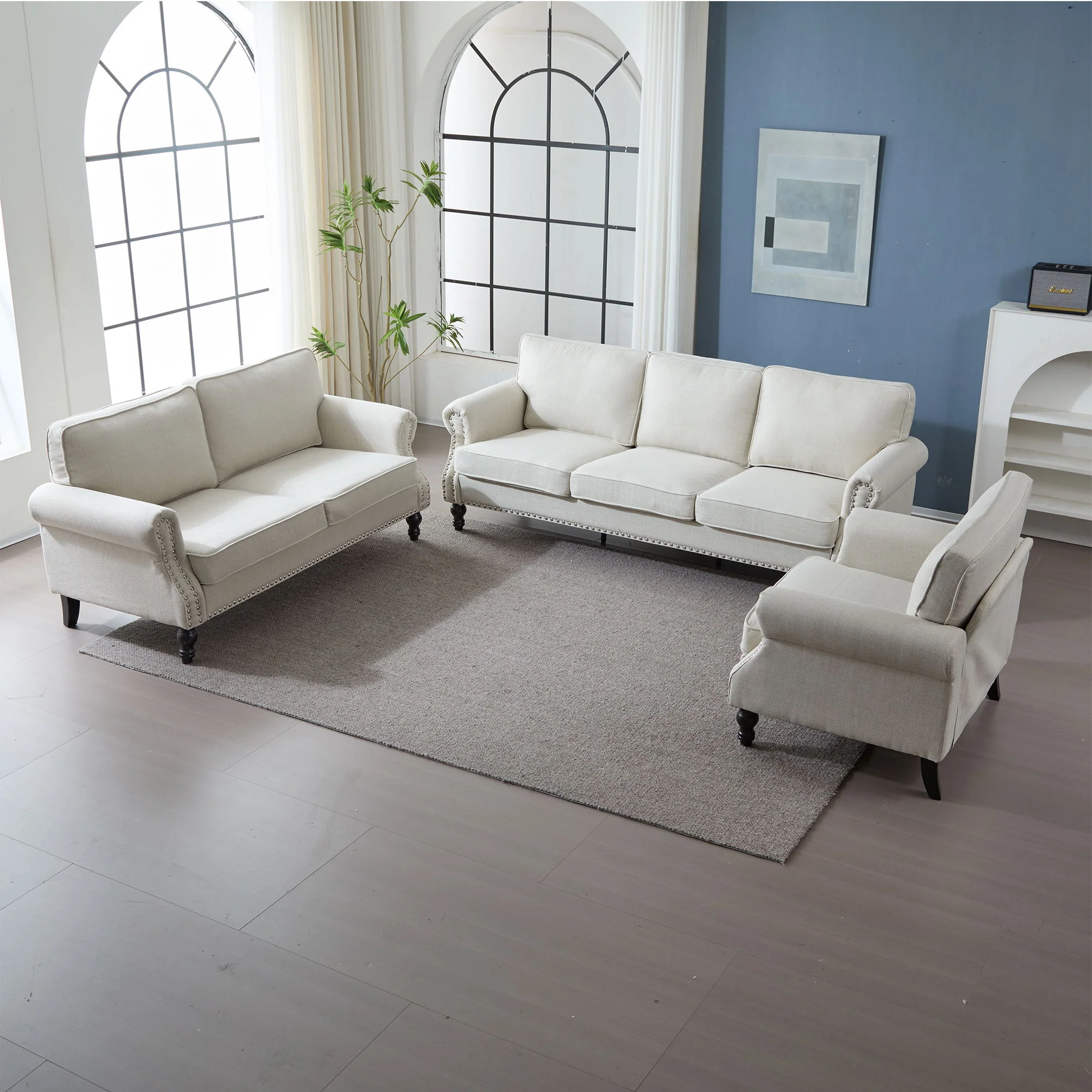 Rolled Arm Sofa With Nailhead Trim With Wooden Legs - Image 6
