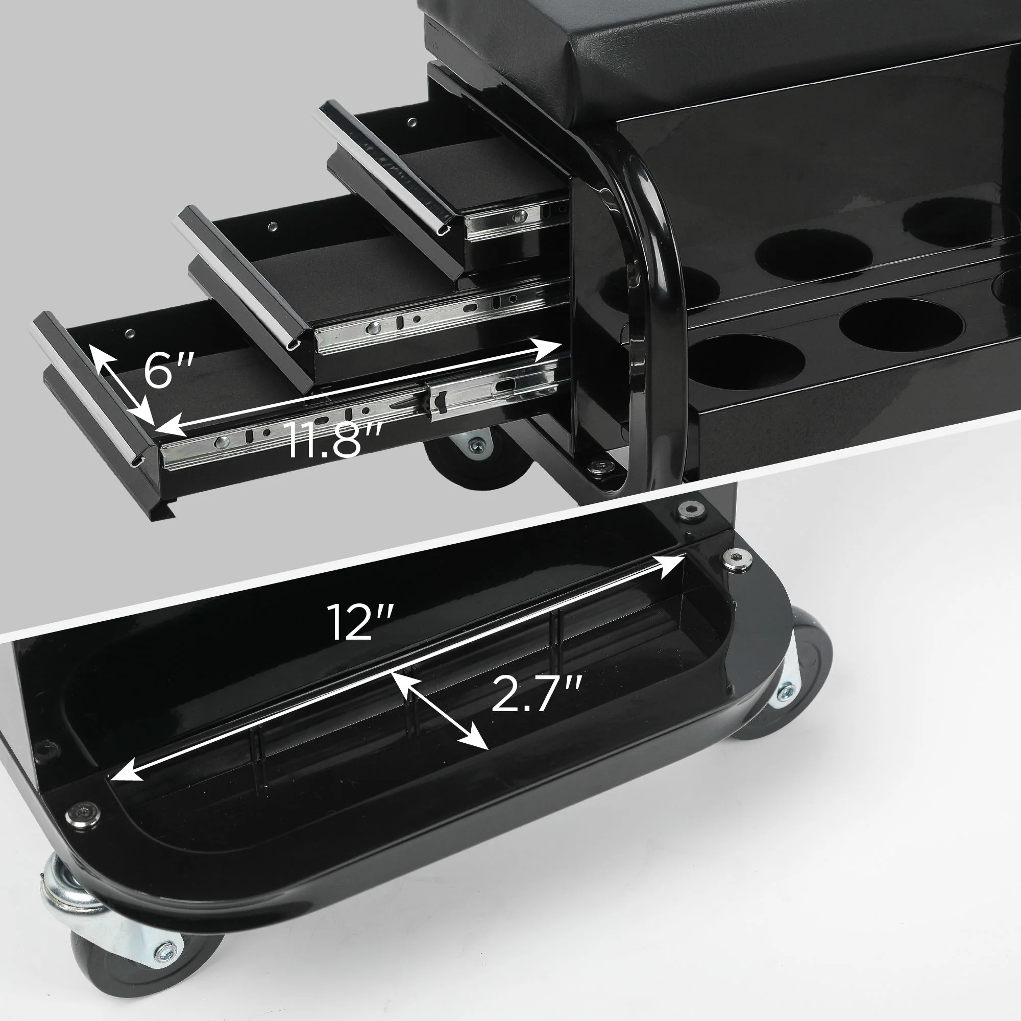Rolling Creeper Garage Seat With 3 Built In Drawers, Rolling Tool Chest For Shop Or Garage - Black - Image 2