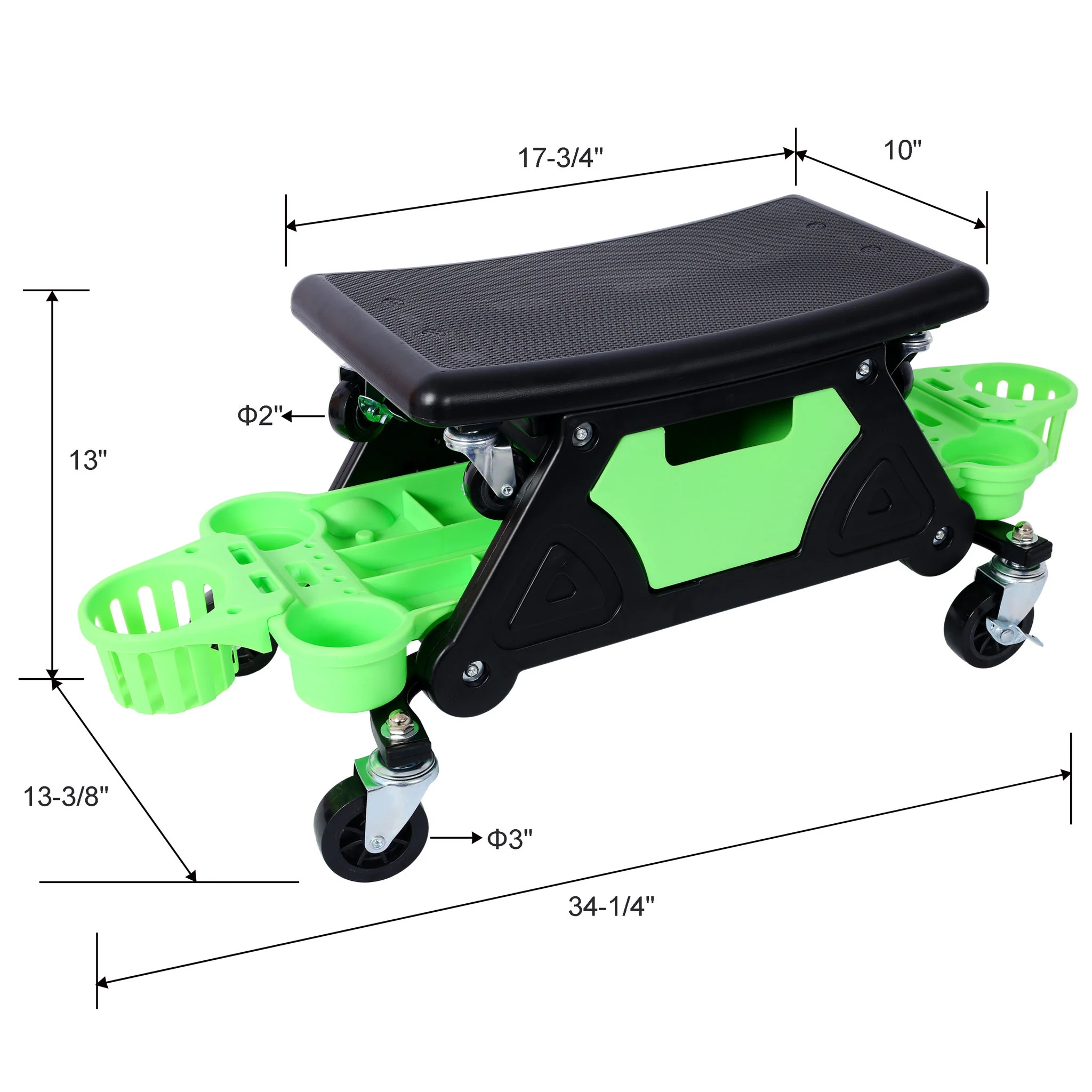 Rolling Detailing Creeper Seat With Wheels, Removable Tool Trays, 300 Lbs Capacity - Green - Image 4