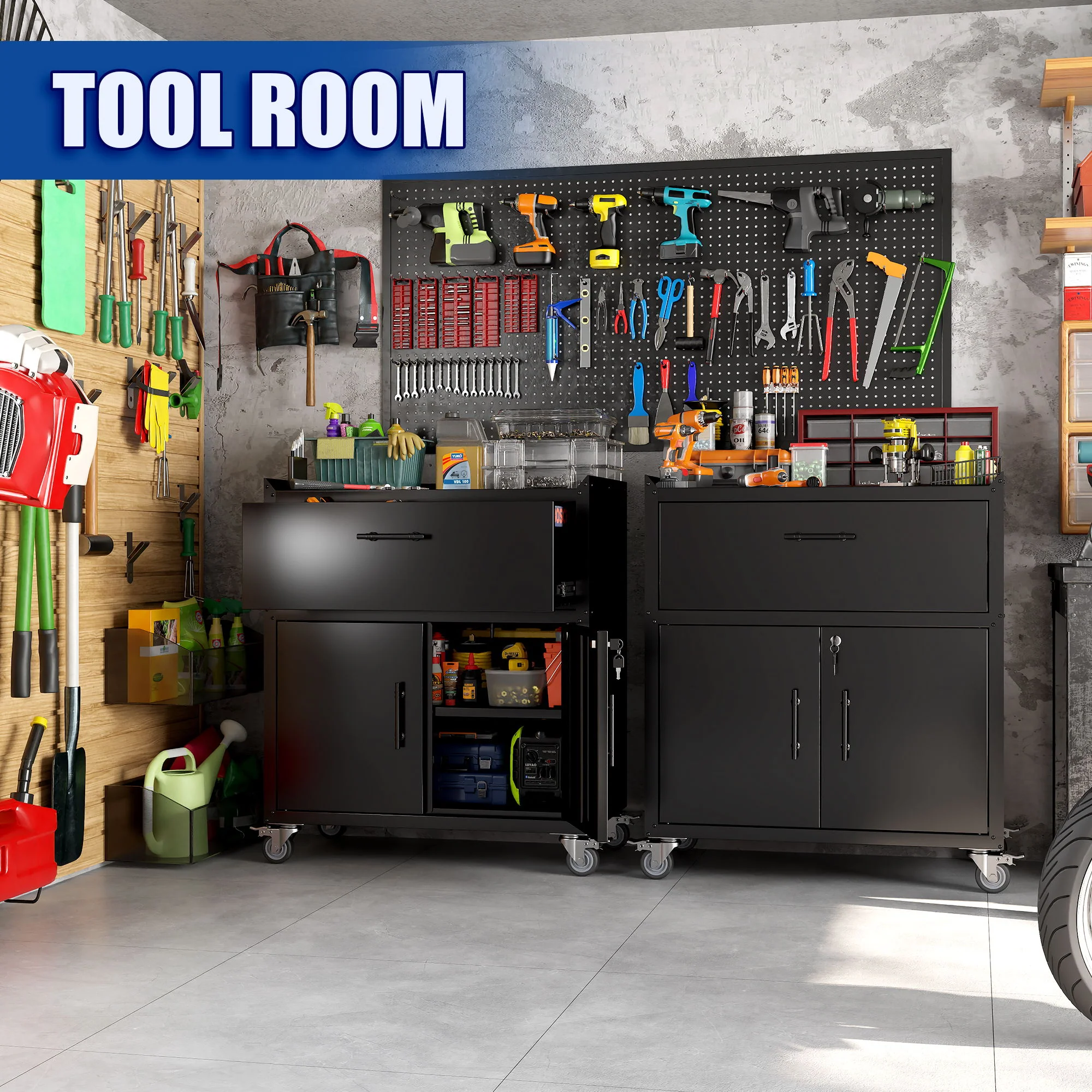 Rolling Metal Tool Storage Cabinet, Lockable Garage Storage Cabinet, Locking Metal Storage Cabinet With Wheels, Rolling Tool Chest, Assembly Required - Black - Image 2