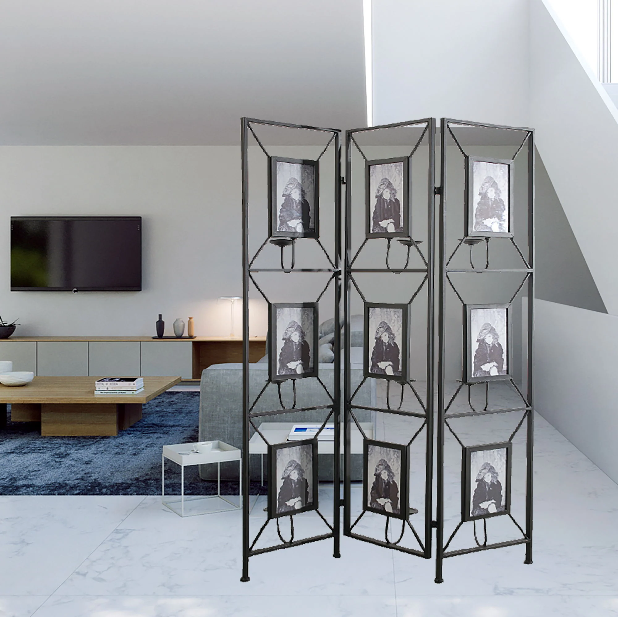 Room Photo Frames Screen Divider Screens, 3 Panel Decorative Screen With Photo Frames, Antique Mirror, Candle Stick - Black - Image 4