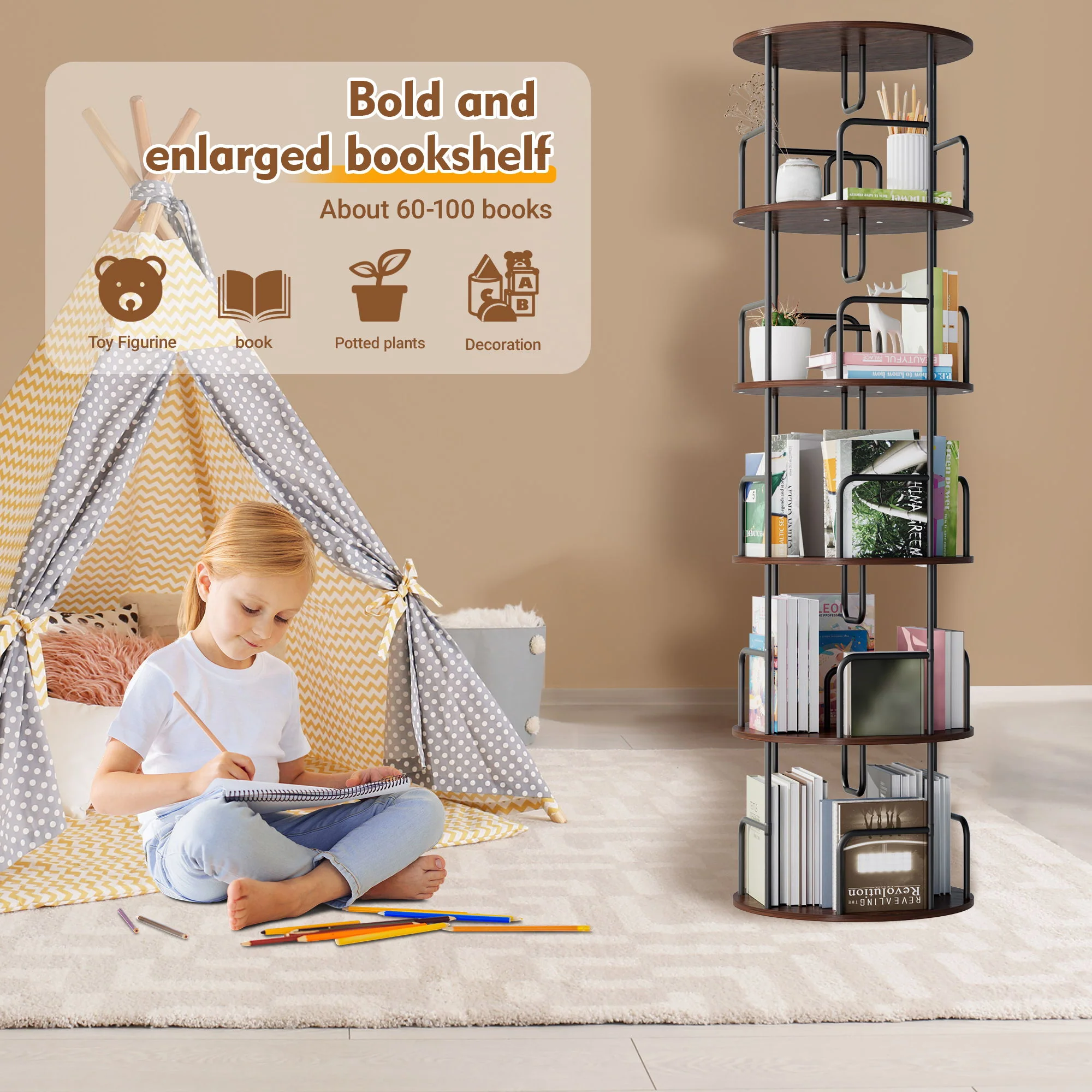 Rotating Bookshelf Tower 5 Tier Spinning 360 Degree Revolving Storage Shelf - Image 24