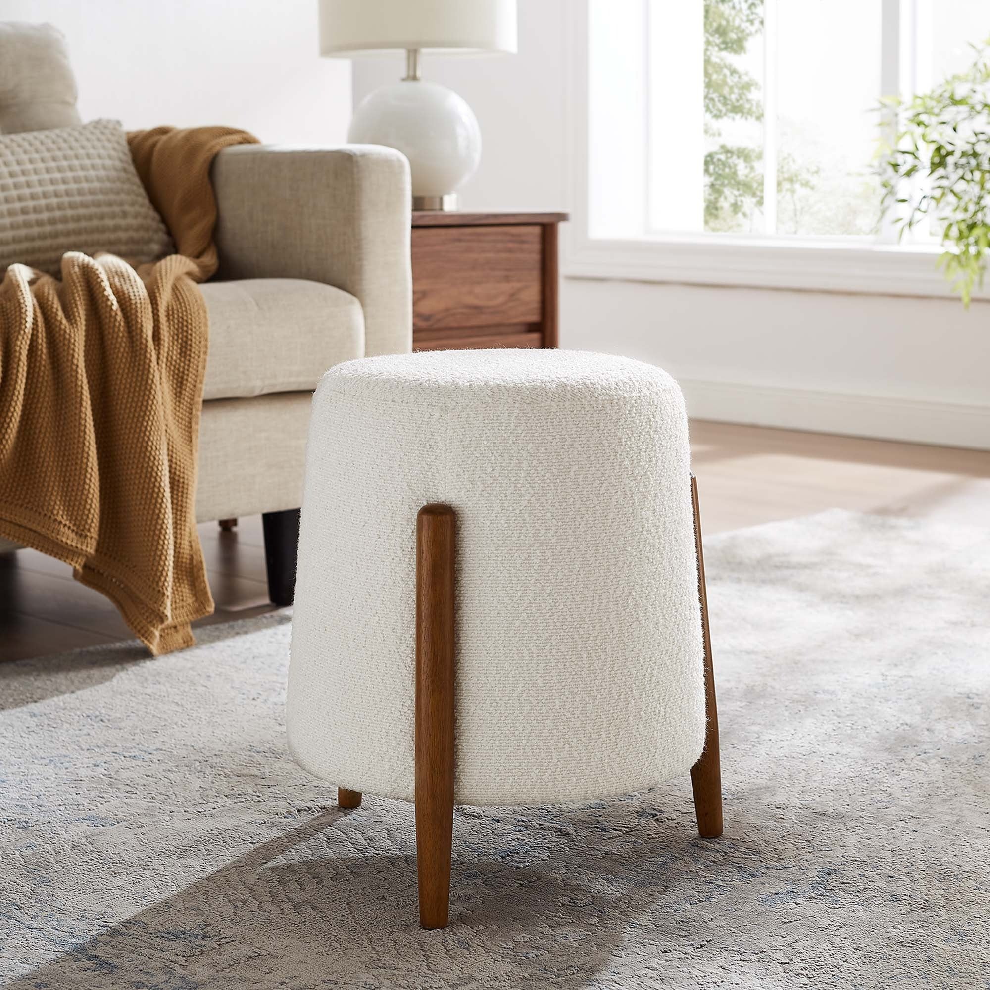 Round Boucle Upholstered Ottoman with Wood Legs – Cloud 15 Inch - Image 2