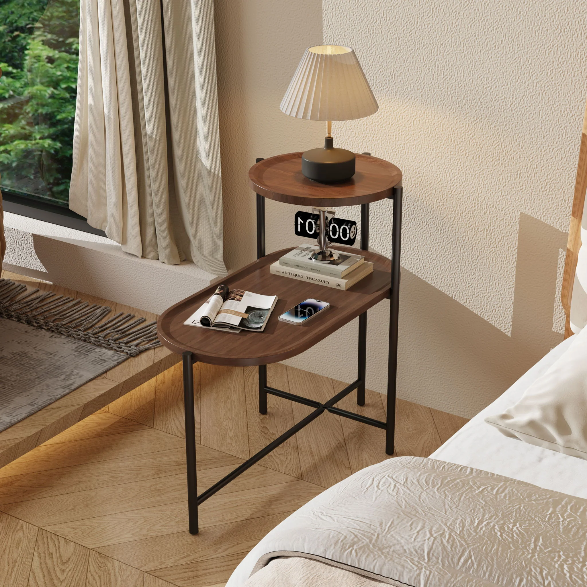Round Coffee Table With Storage Tray 2 Tier Oval End Tables Wooden Small Side Table For Living Room - Image 14