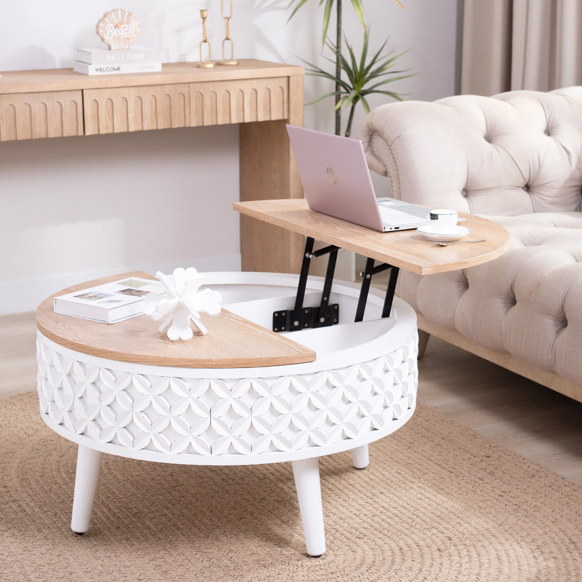 Round Coffee Table With Storage - White / Light Oak - Image 6