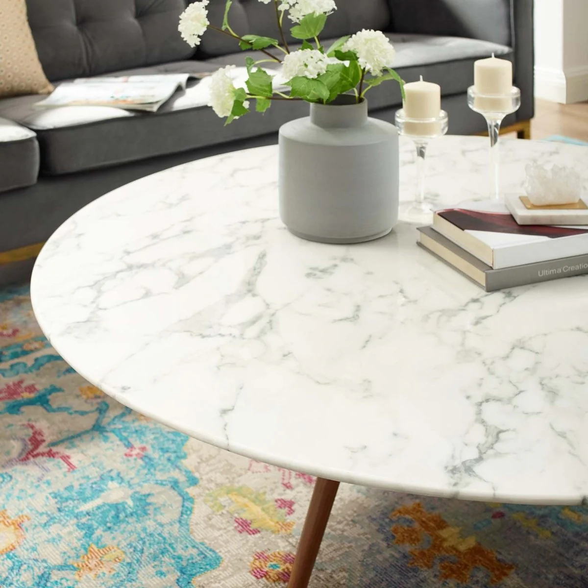 Round Faux Marble Coffee Table with Tripod Base - Image 11