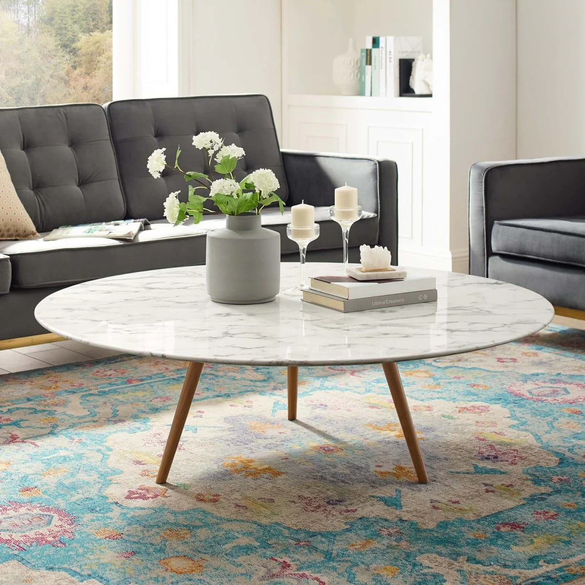 Round Faux Marble Coffee Table with Tripod Base - Image 12