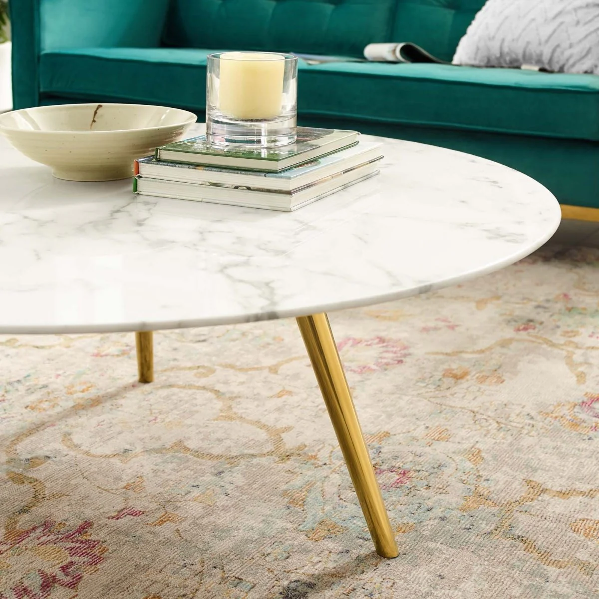 Round Faux Marble Coffee Table with Tripod Base - Image 2