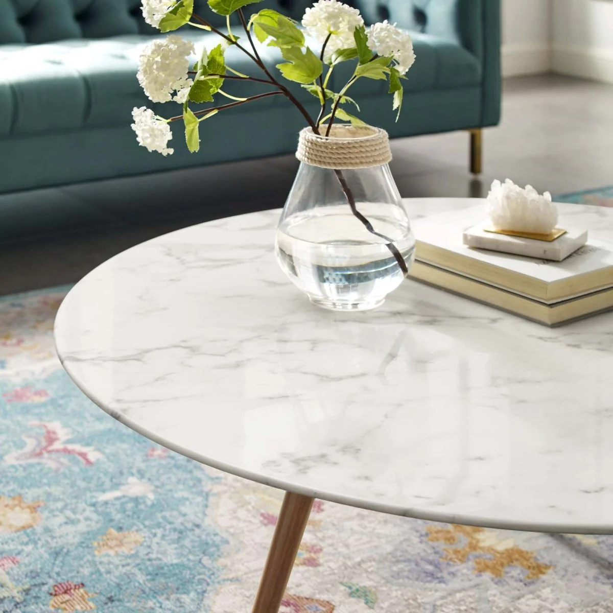 Round Faux Marble Coffee Table with Tripod Base - Image 5