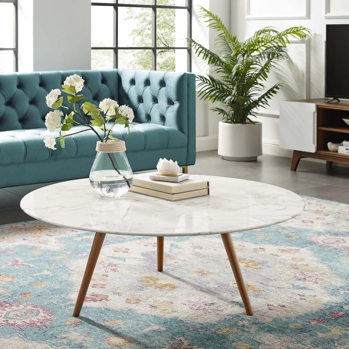 Round Faux Marble Coffee Table with Tripod Base - Image 6