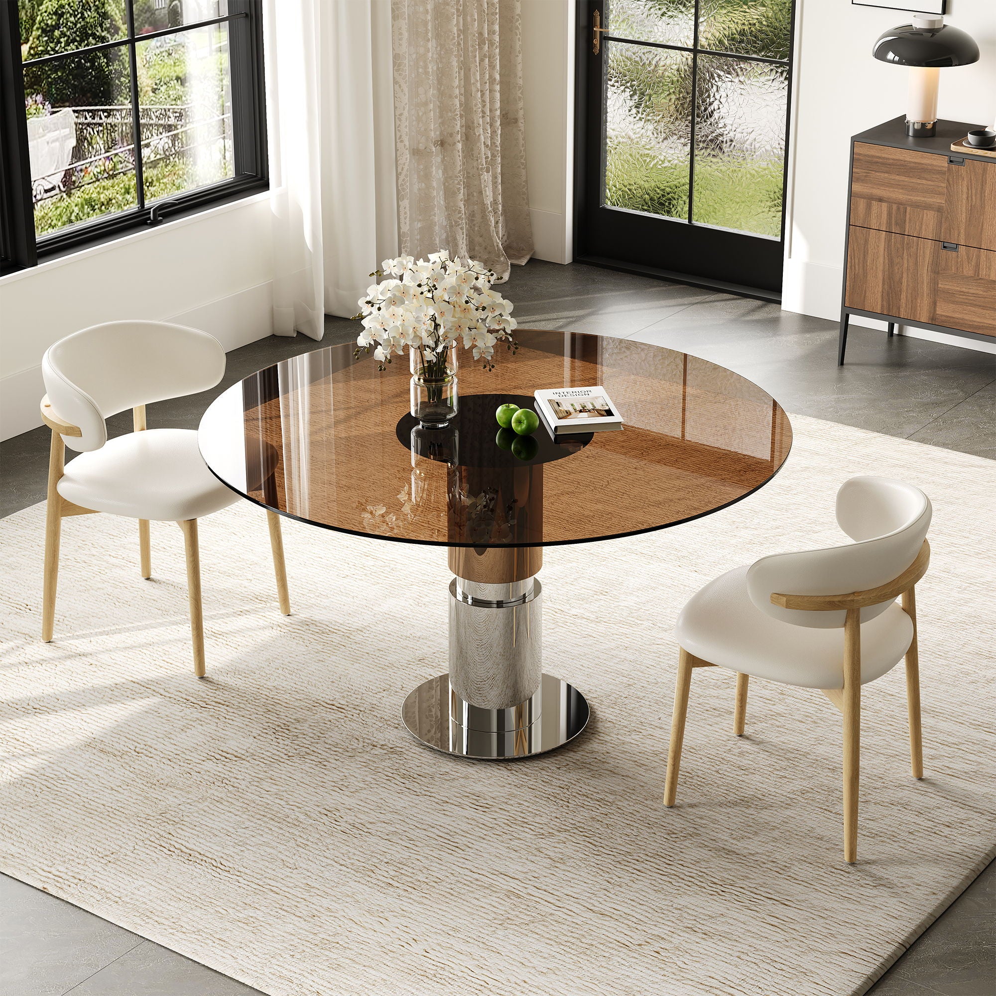 Round Glass Dining Table With Stainless Steel Legs And Chairs - Image 17