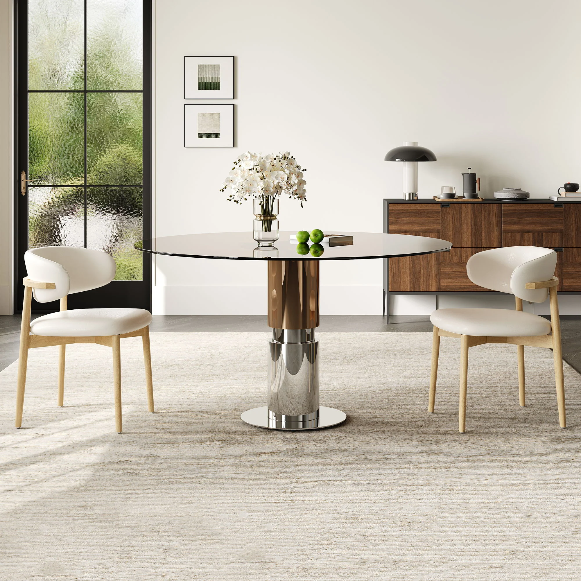 Round Glass Dining Table With Stainless Steel Legs And Chairs - Image 5