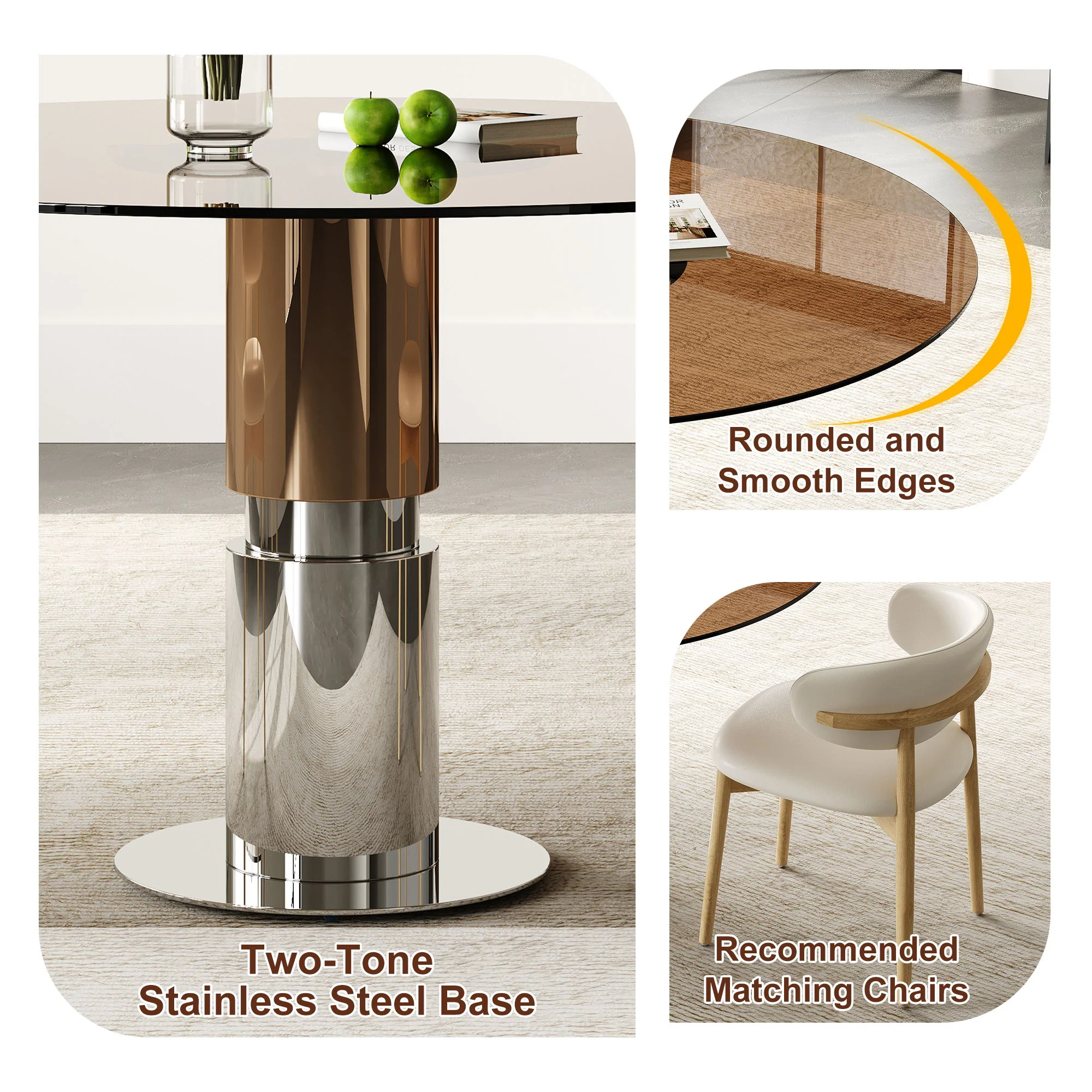 Round Glass Dining Table With Stainless Steel Legs And Chairs - Image 8