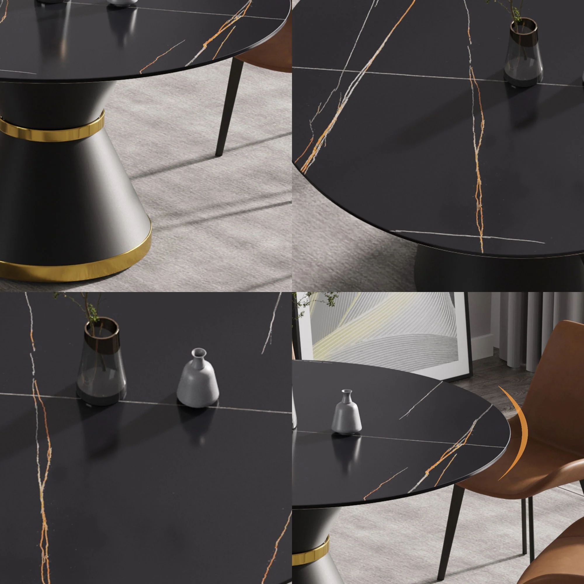 Round Modern Artificial Stone Carbon Steel Base Dining Table, Can Accommodate 6 People - Black - Image 8