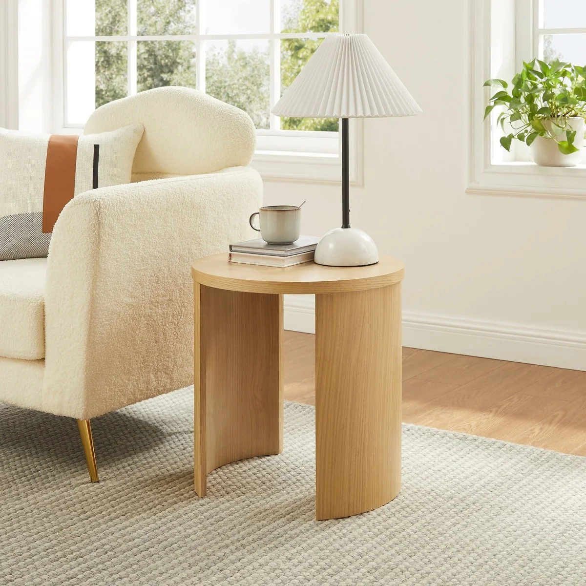 Round Oak Wood Side Table with Arched Legs – 19 Inch - Image 2