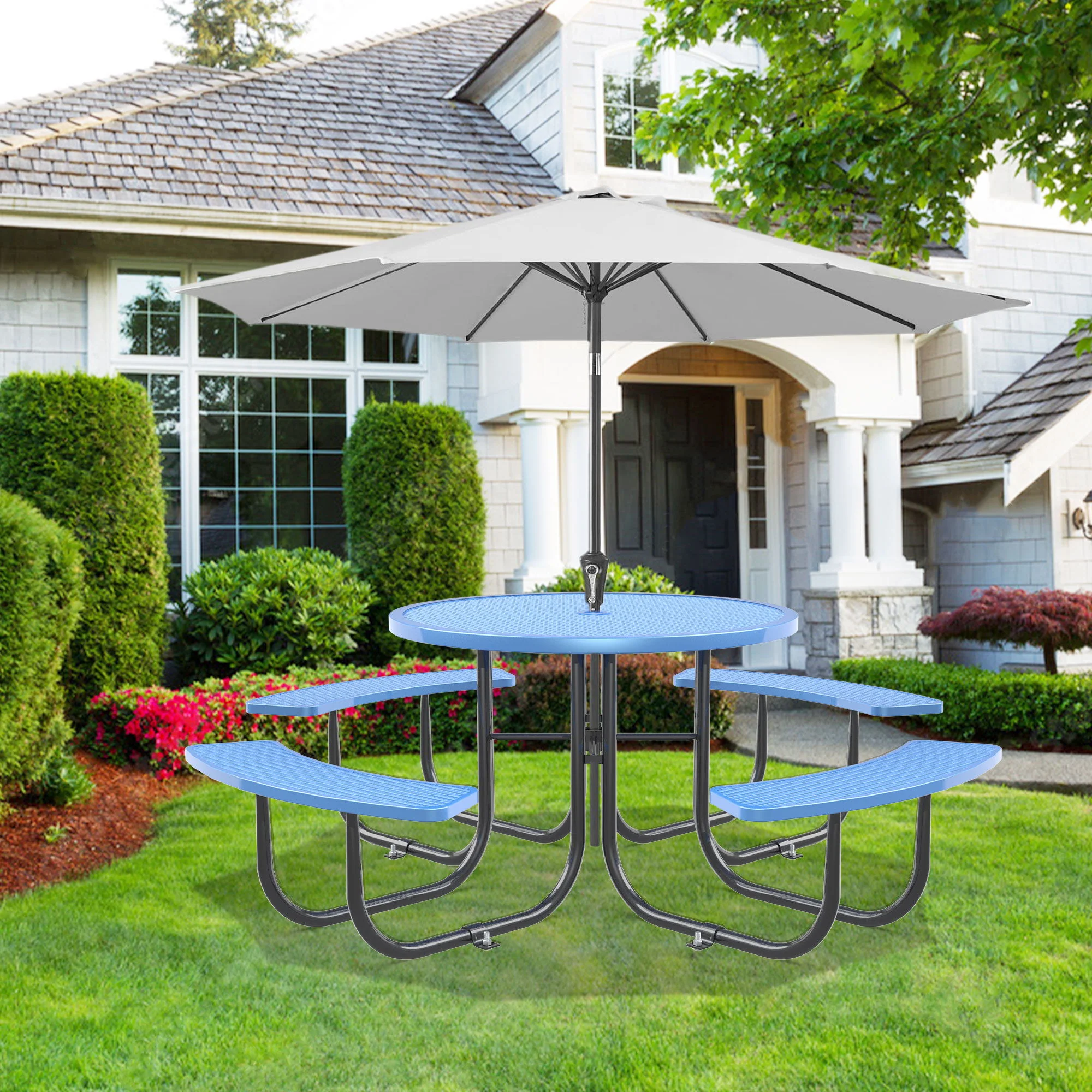 Round Outdoor Steel Picnic Table 46" With Umbrella Pole - Image 2