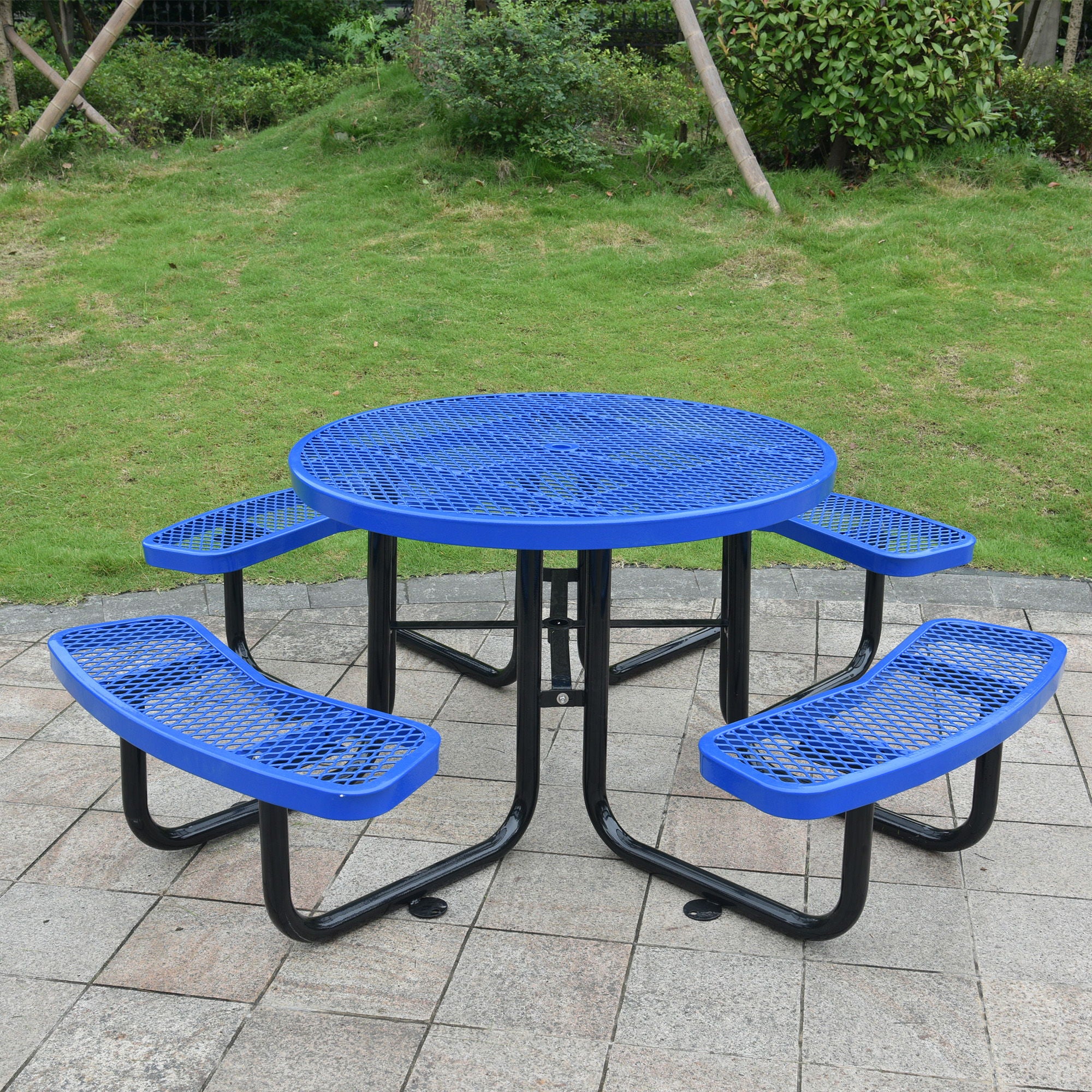Round Outdoor Steel Picnic Table With Umbrella Pole - Image 11